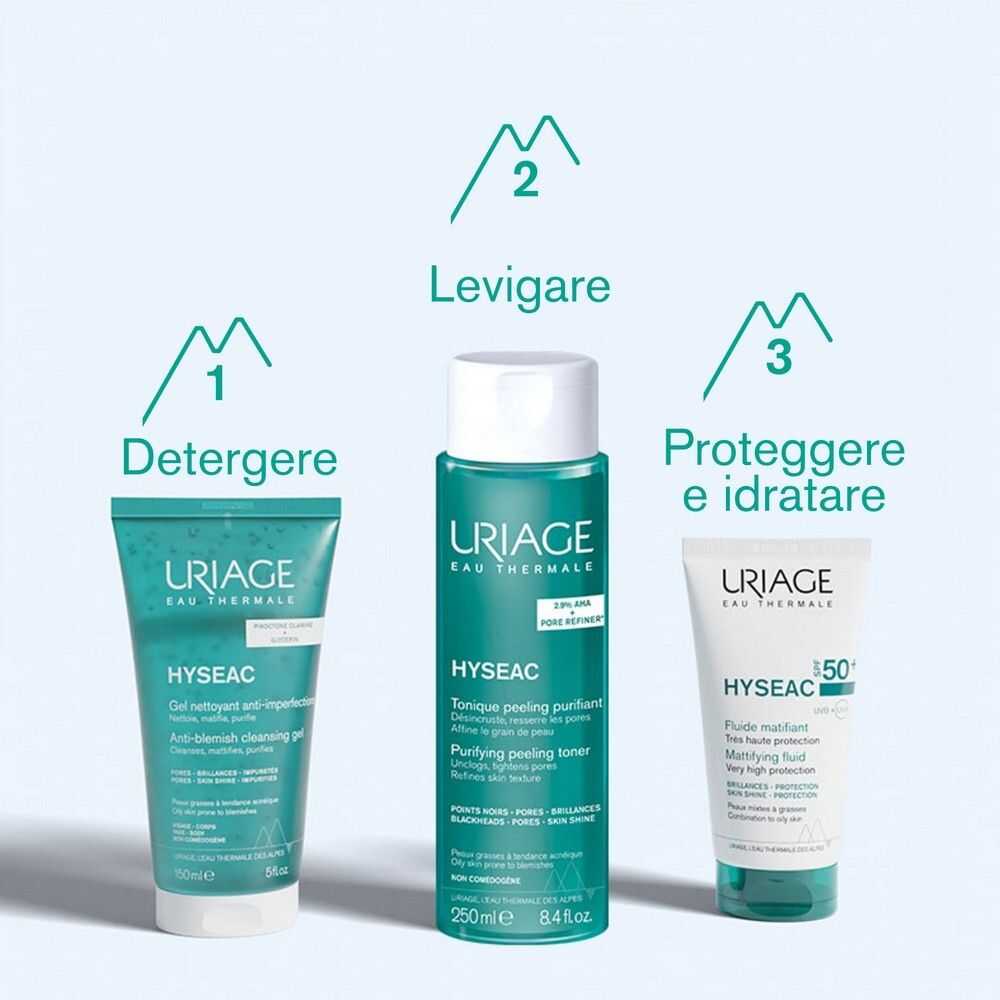 Tre prodotti Uriage Hyseac: Gel detergente, tonico peeling, fluido opacizzante.