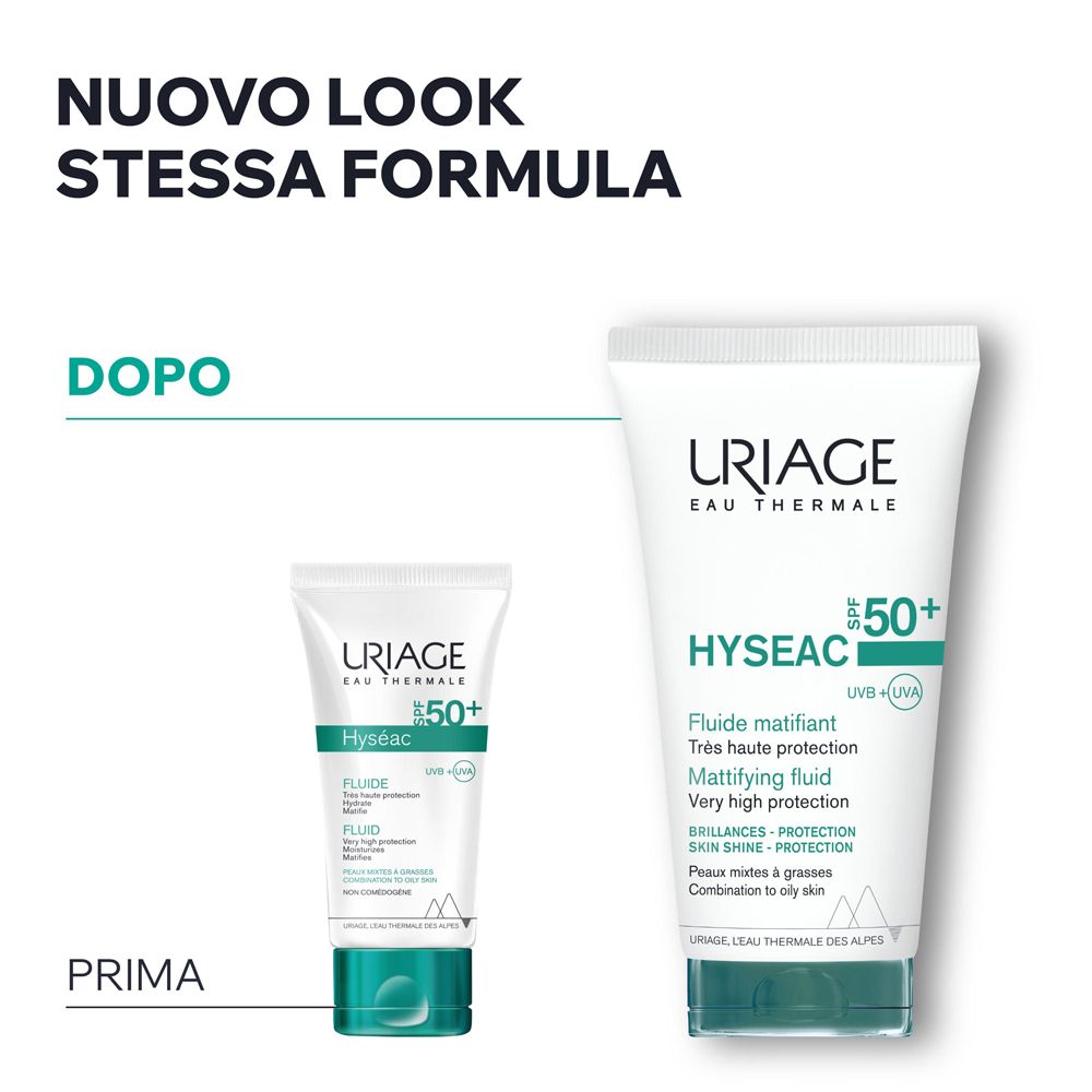 Confronto prima-dopo. Uriage Hyseac SPF50+ Fluido. Stessa formula, nuovo look. Testo in italiano.
