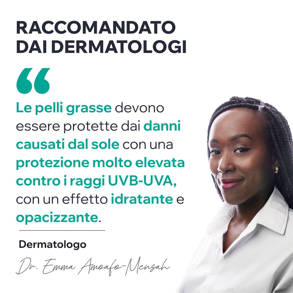 Donna con testo: I dermatologi raccomandano la protezione dai danni solari. Testo in italiano.