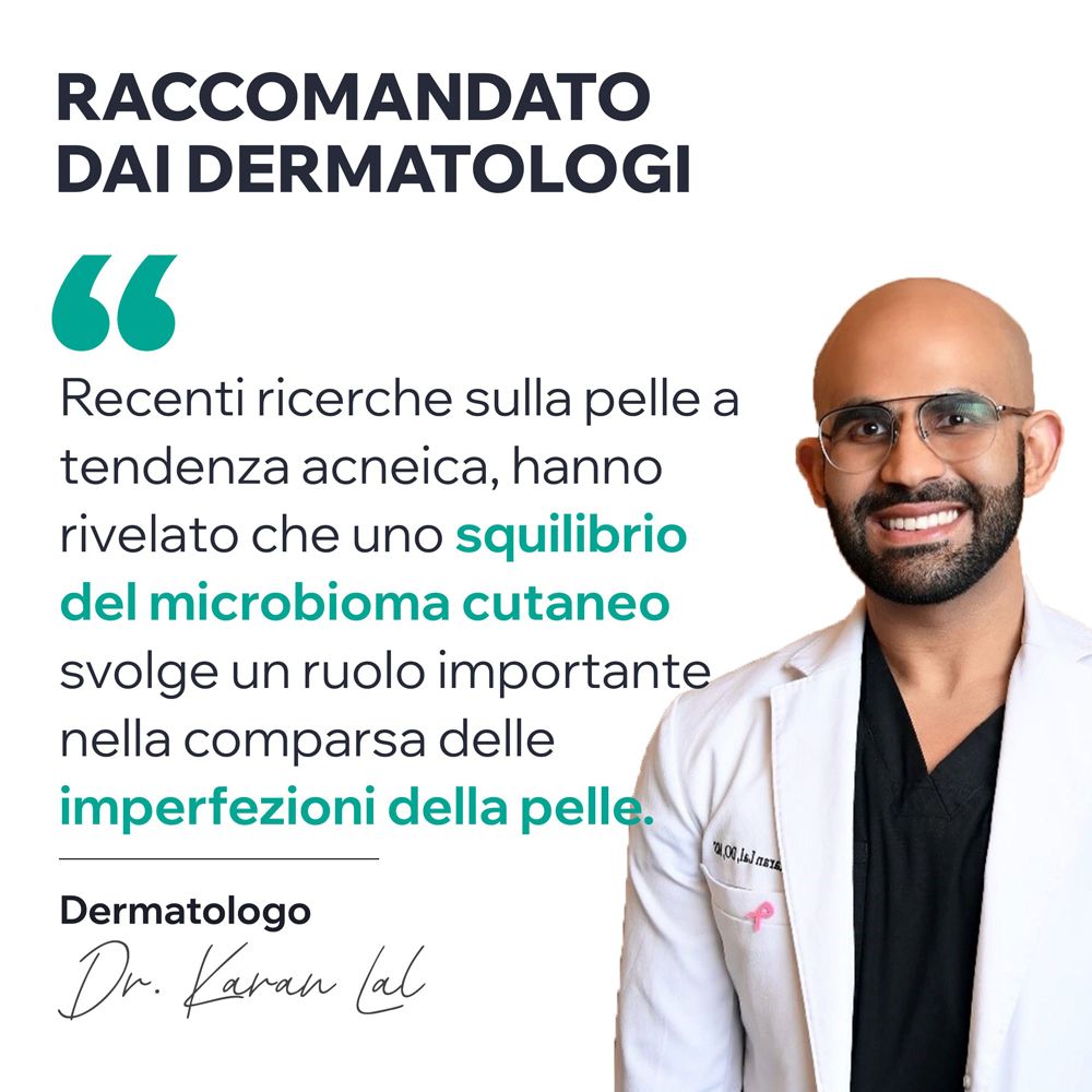 Un dermatologo. Testo: Raccomandato dai dermatologi. Citazione sull'importanza del microbioma cutaneo. Nome: Dr. Karan Lal.