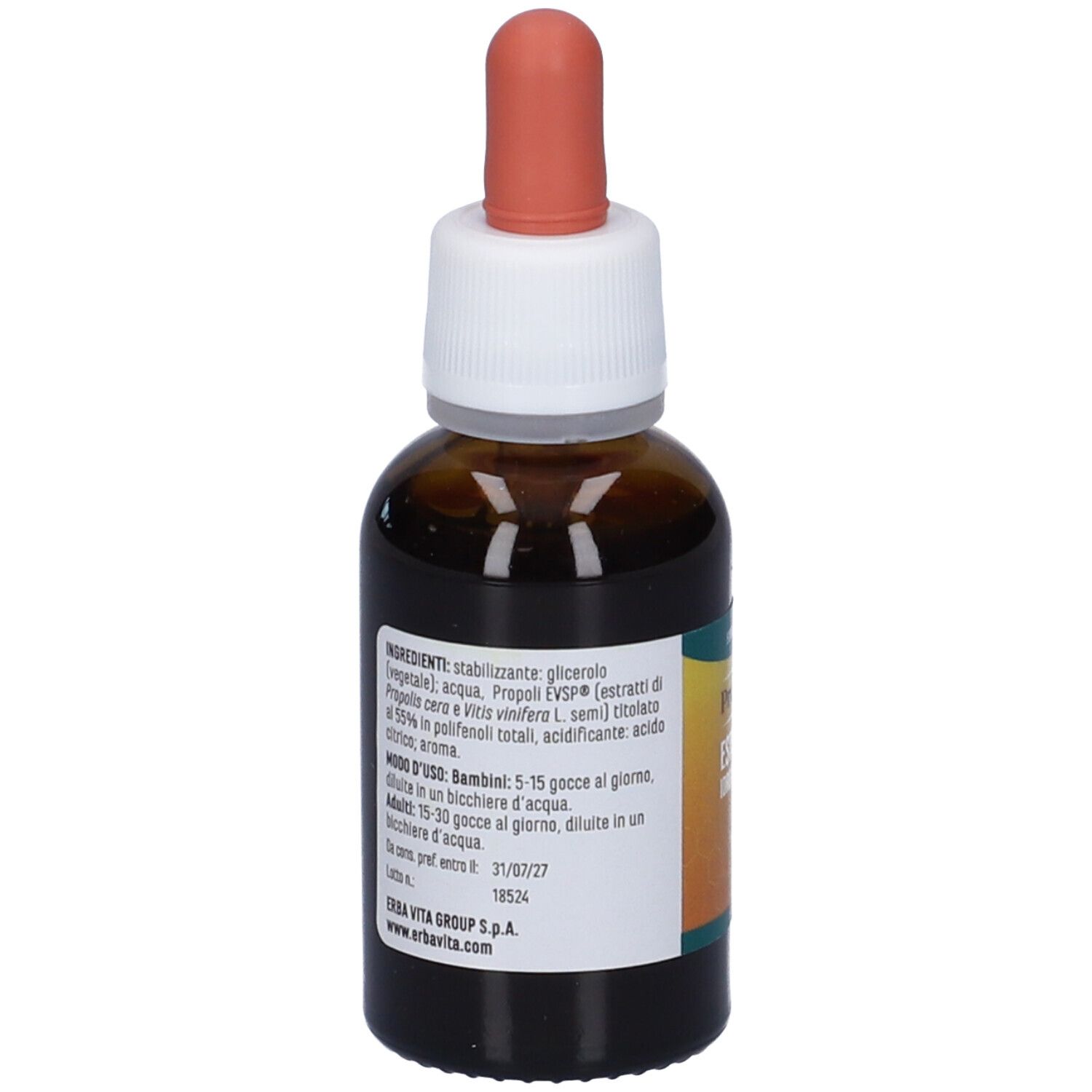 Flacone di vetro marrone con contagocce. Etichetta con ingredienti e istruzioni per l'uso. Marchio Erba Vita.