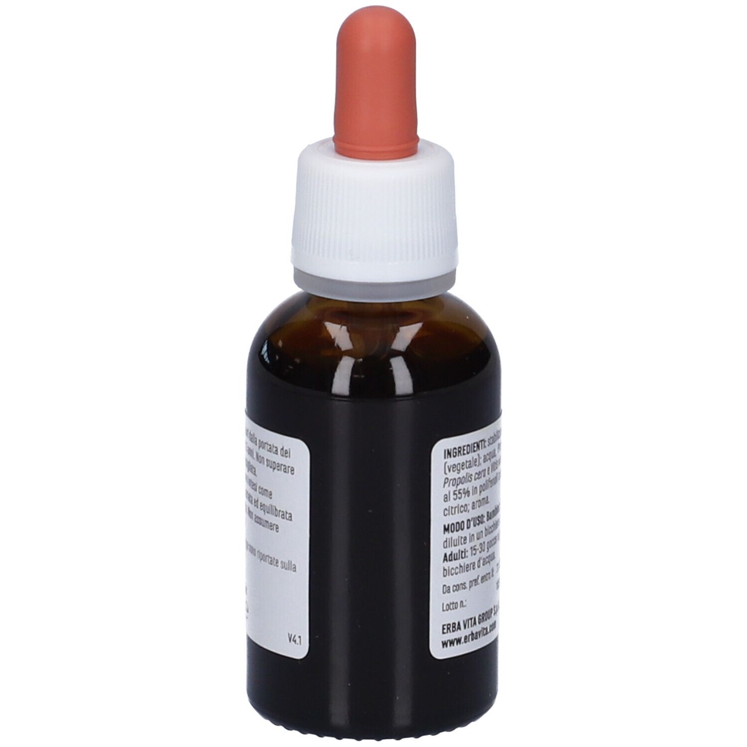 Flacone di vetro marrone con contagocce. Etichetta con ingredienti e istruzioni per l'uso. Marchio Erba Vita.