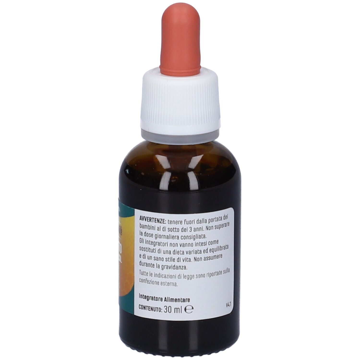 Flacone di vetro marrone con contagocce. Etichetta con avvertenze. Marchio Erba Vita.