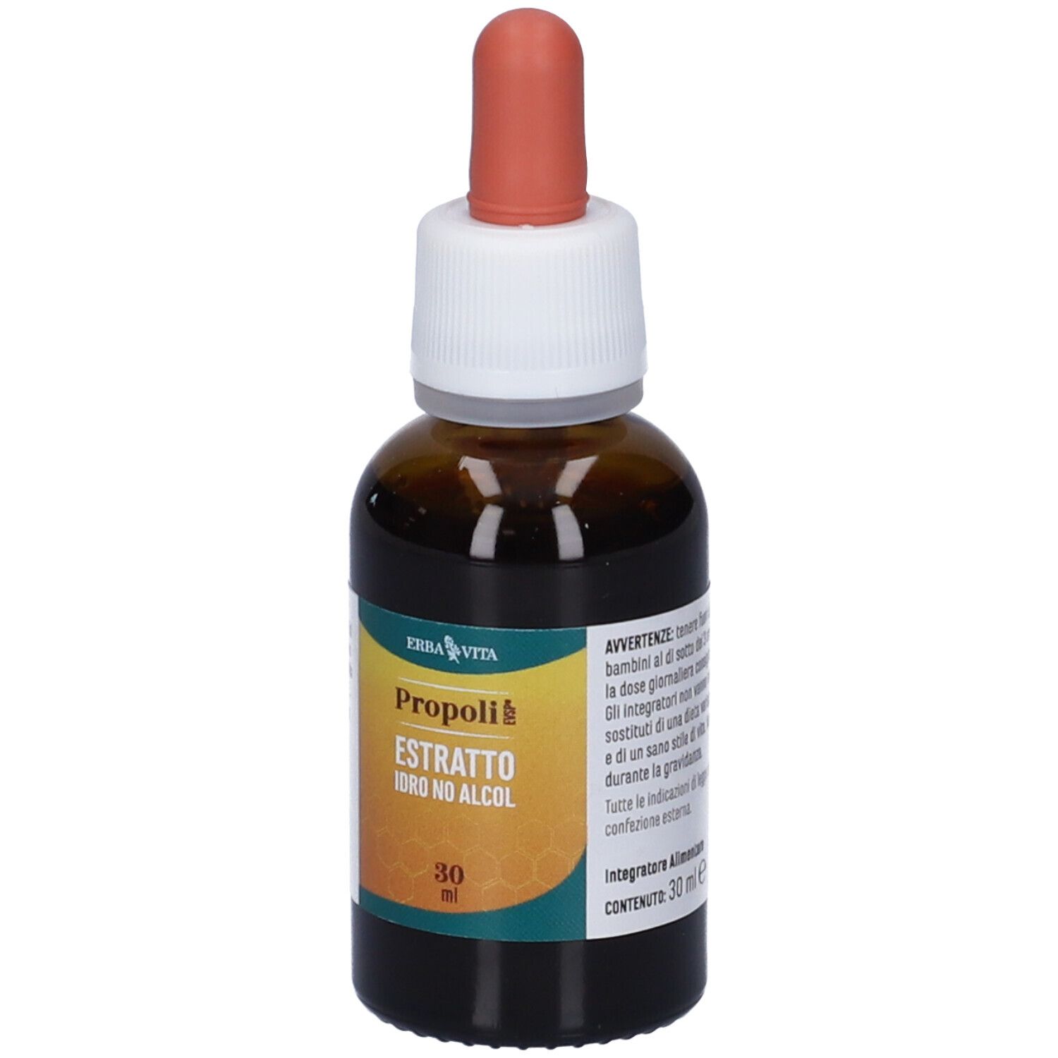 Flacone di vetro marrone con contagocce. Etichetta con nome del prodotto e volume. Marchio Erba Vita.