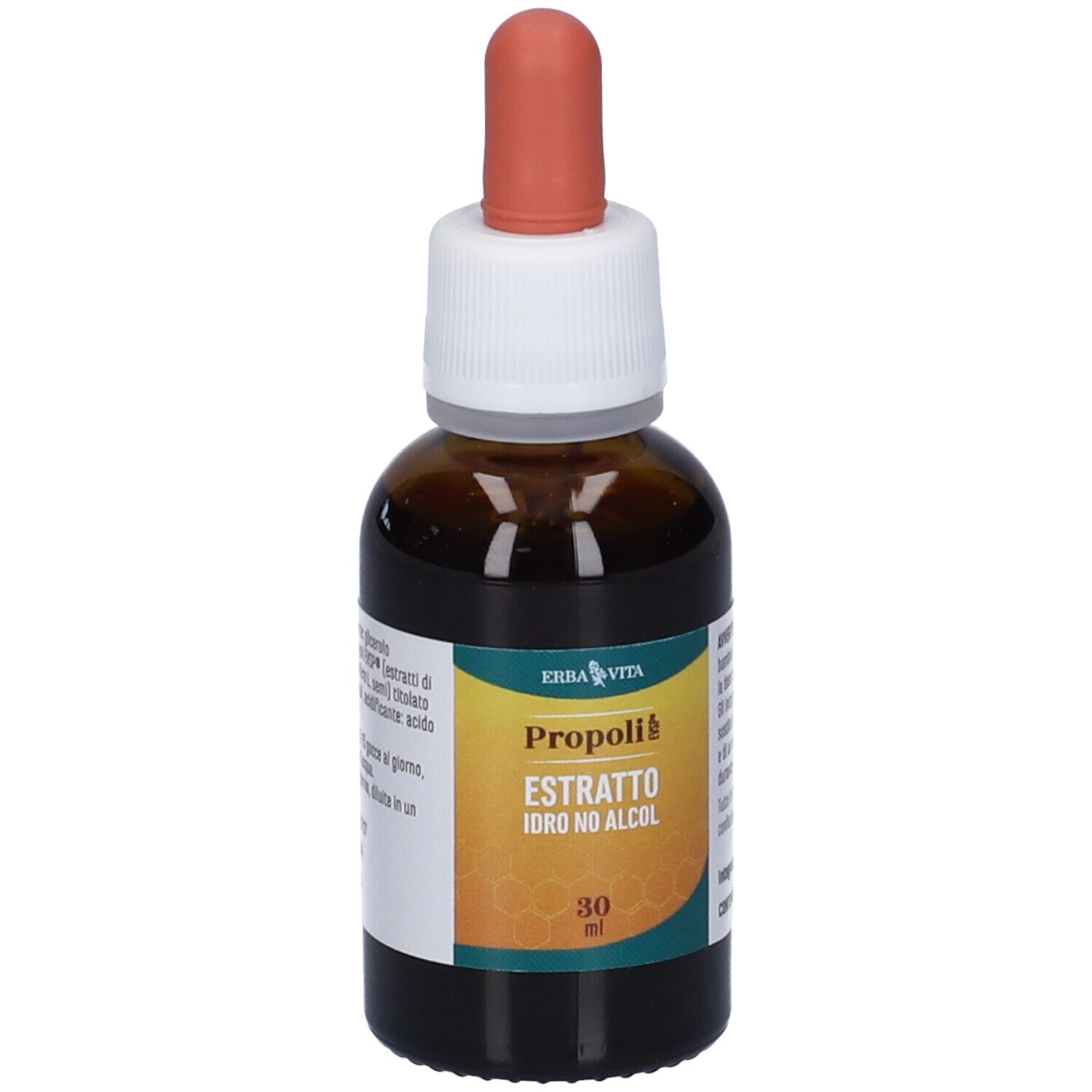 Flacone di vetro marrone con contagocce. Etichetta con nome del prodotto e volume. Marchio Erba Vita.