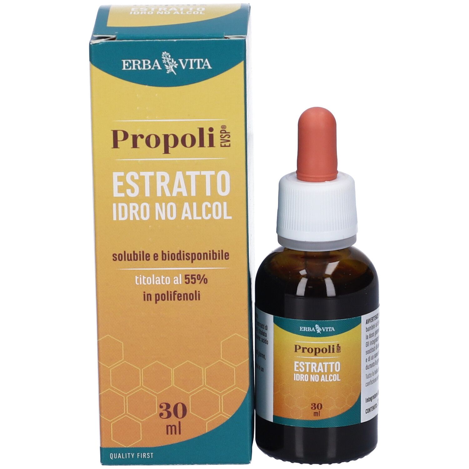 Flacone e scatola del prodotto. Scatola con nome del prodotto, volume e marchio Erba Vita.