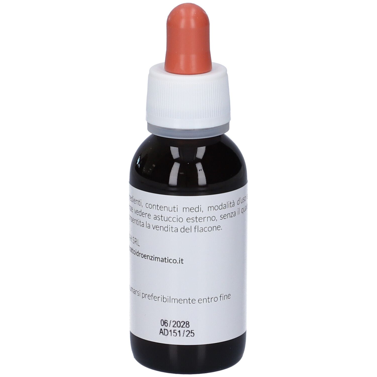 Liquido marrone in flacone di vetro con contagocce. Etichetta con data di scadenza e informazioni.