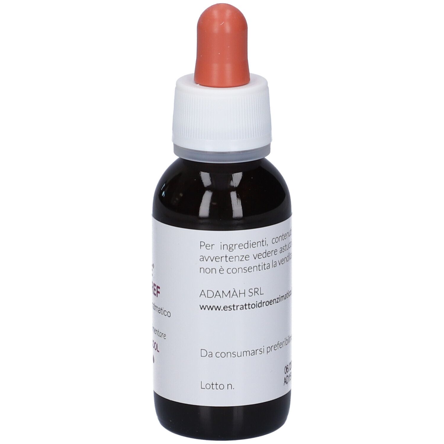 Liquido marrone in flacone di vetro con contagocce. Etichetta con informazioni del produttore.