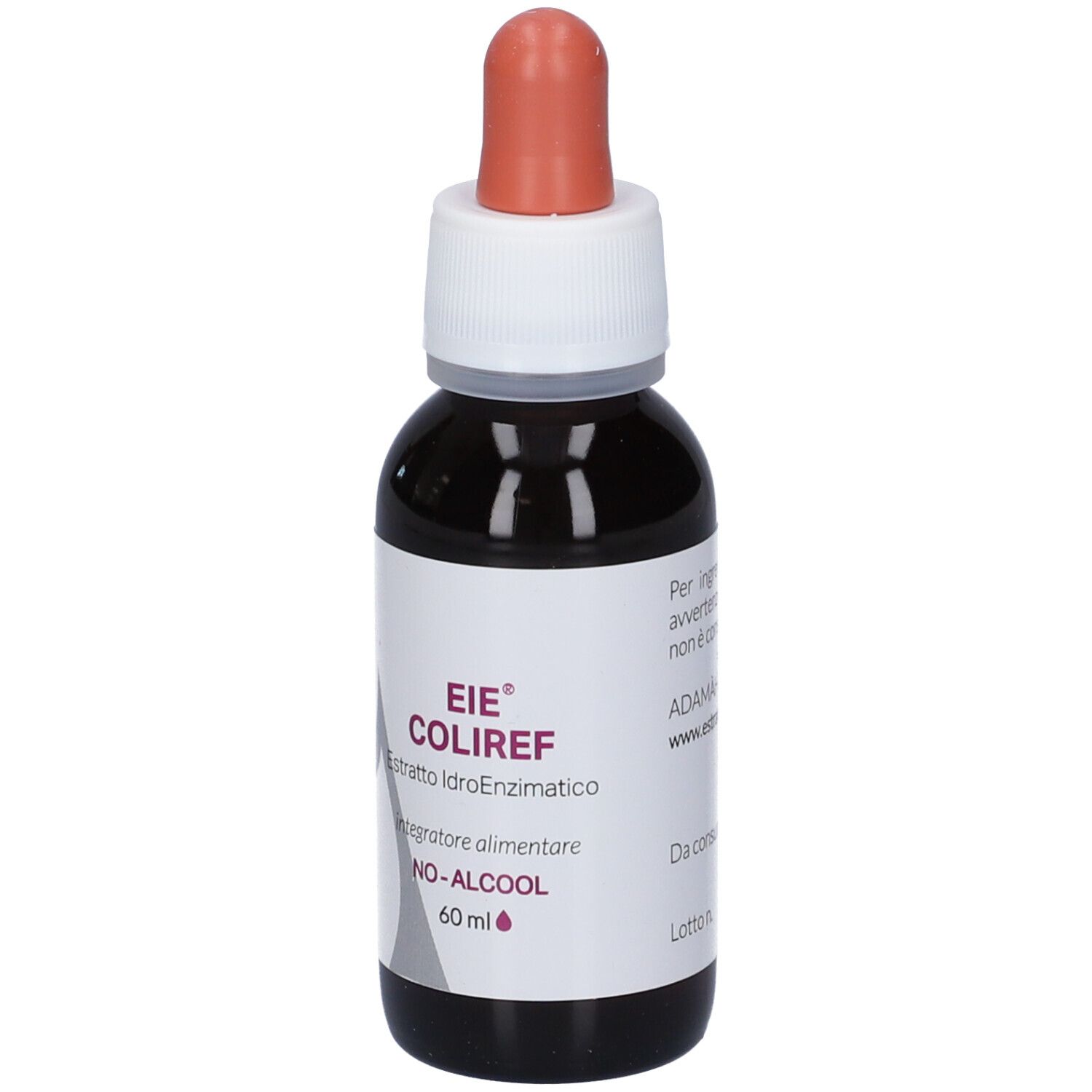 Liquido marrone in flacone di vetro con contagocce. Etichetta con nome prodotto e testo.