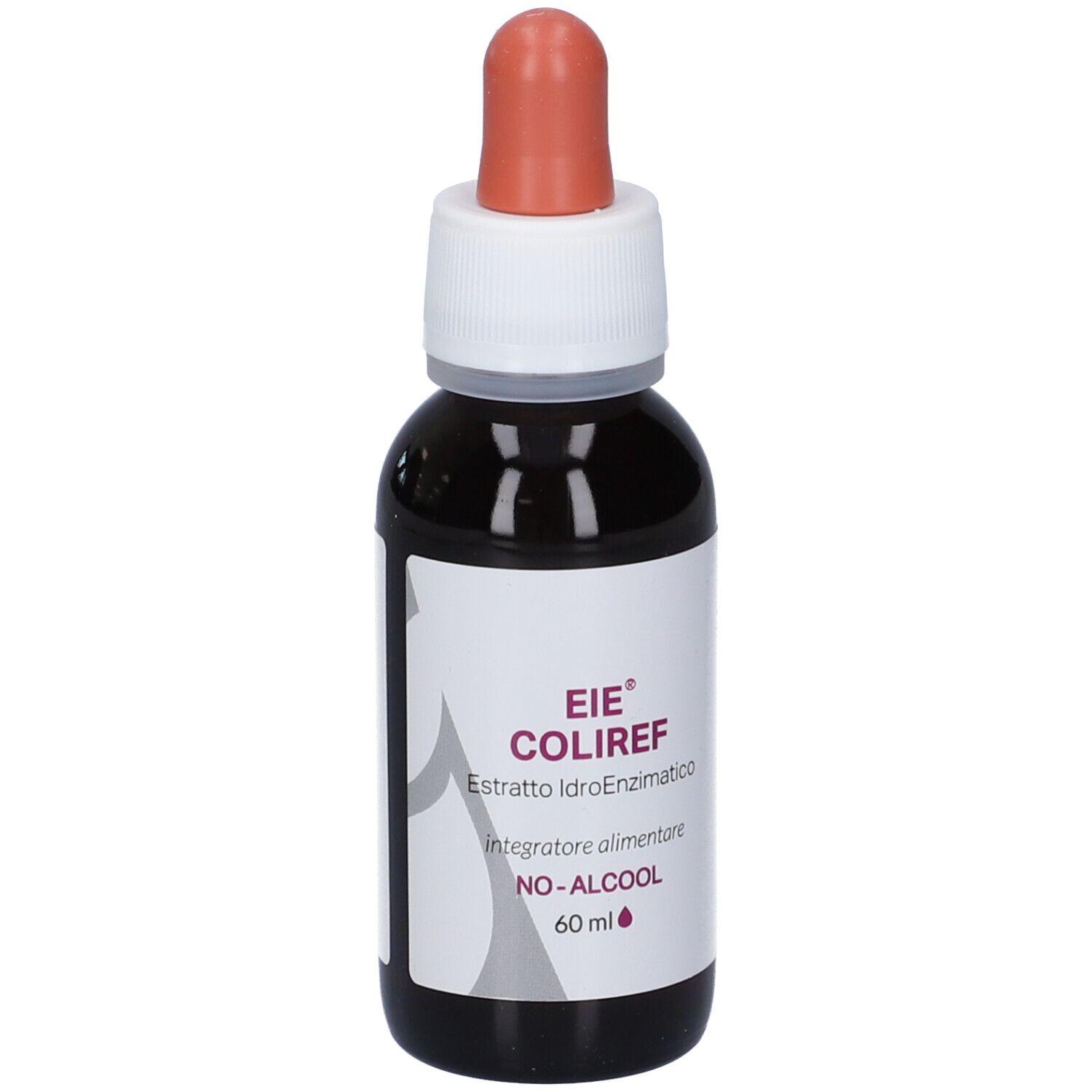 Liquido marrone in flacone di vetro con contagocce. Etichetta con nome prodotto e testo.