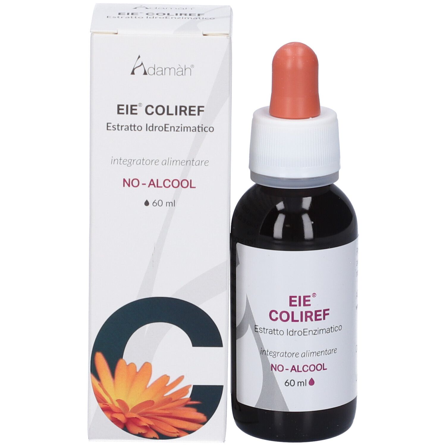 Flacone e confezione del prodotto. Flacone con contagocce, confezione con nome e logo.