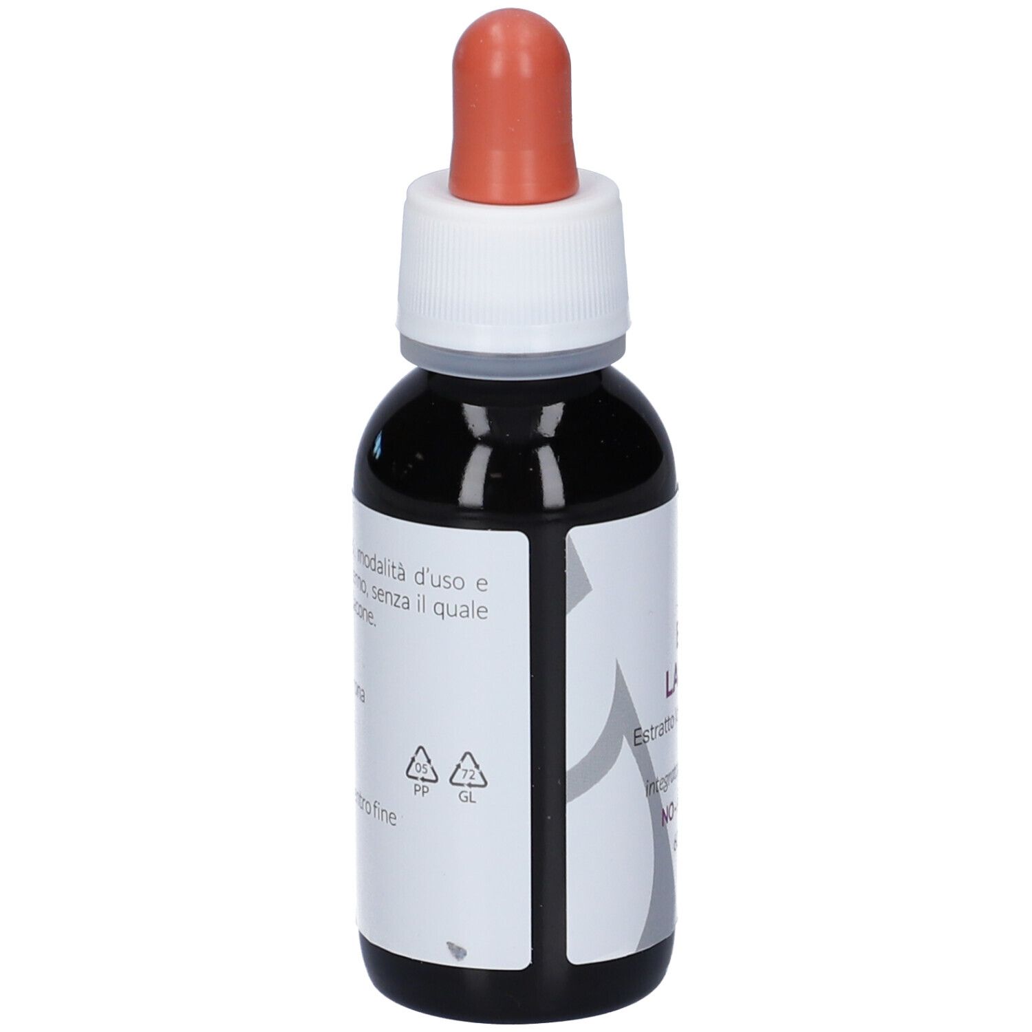 Flacone di vetro marrone con tappo bianco e contagocce arancione. Testo sul retro e simboli di riciclaggio.