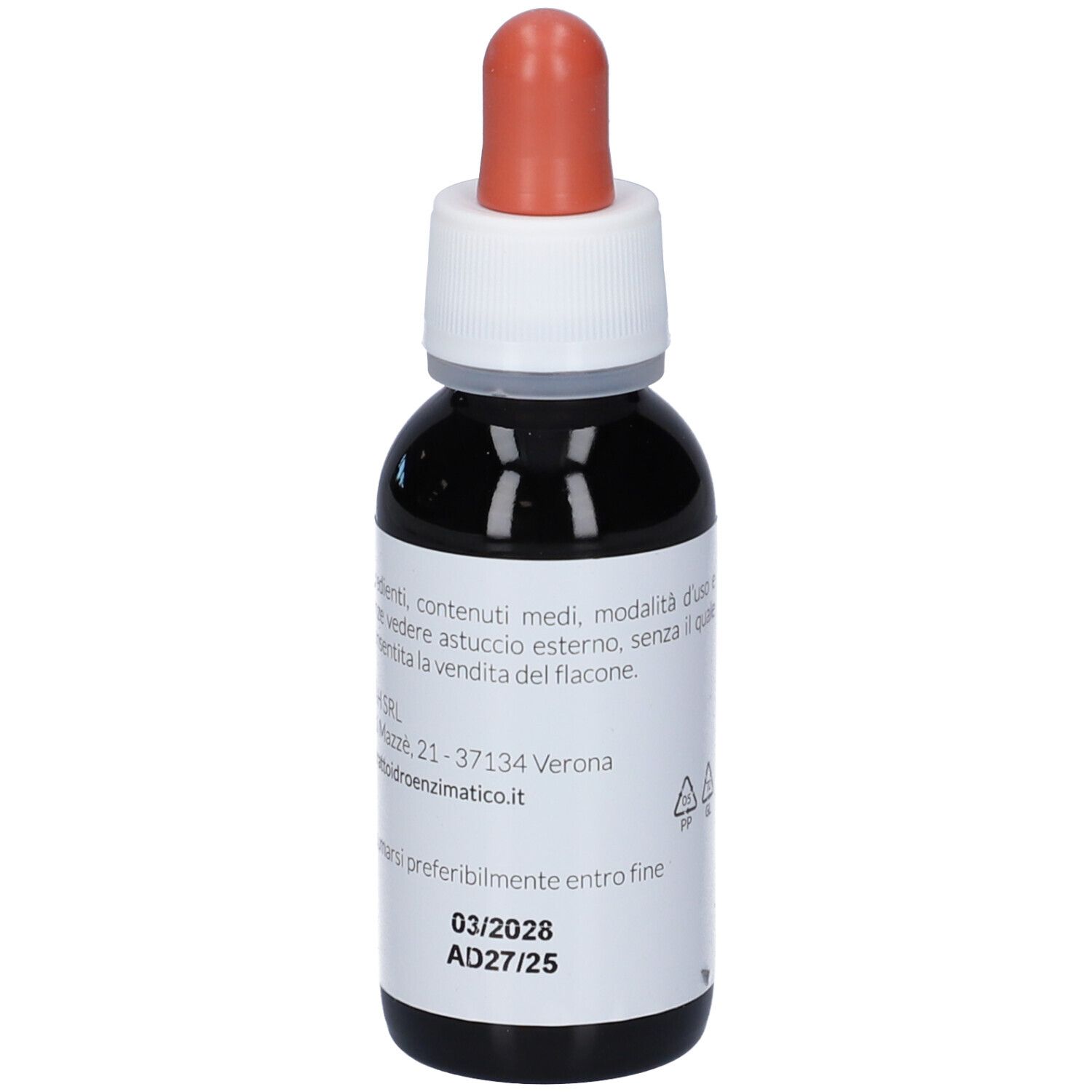 Flacone di vetro marrone con tappo bianco e contagocce arancione. Testo sul retro con data di scadenza 03/2028.