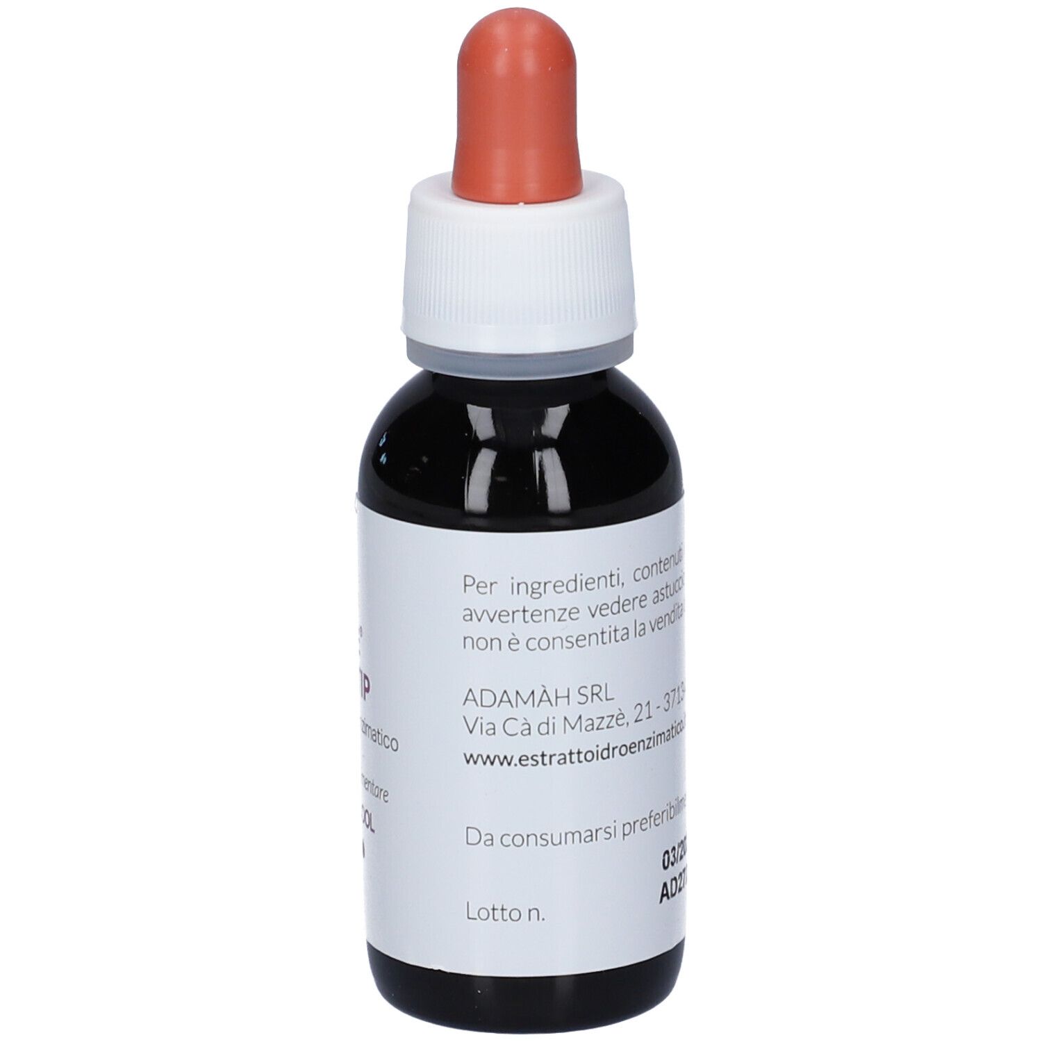 Flacone di vetro marrone con tappo bianco e contagocce arancione. Testo sul retro con informazioni del produttore.