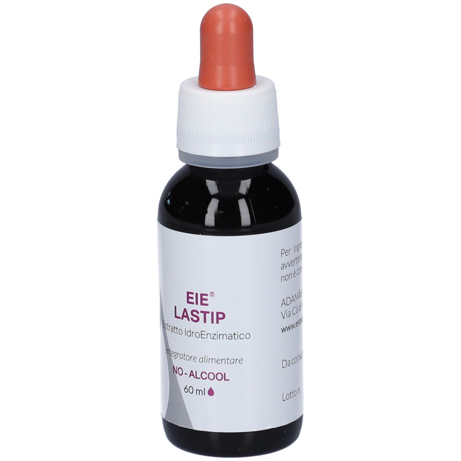Flacone di vetro marrone con tappo bianco e contagocce arancione. Scritta: EIE LASTIP, NO-ALCOOL, 60 ml.