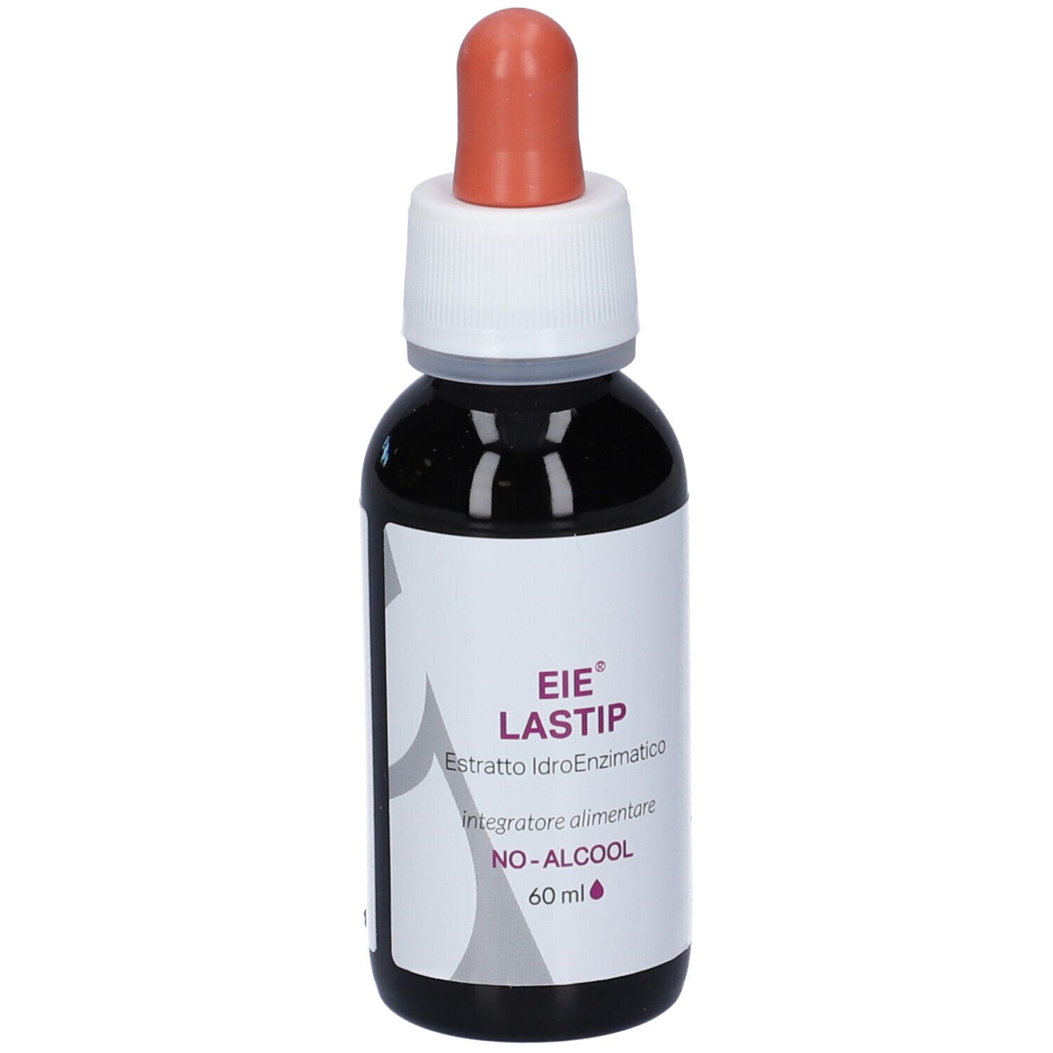 Flacone di vetro marrone con tappo bianco e contagocce arancione. Scritta: EIE LASTIP, NO-ALCOOL, 60 ml.