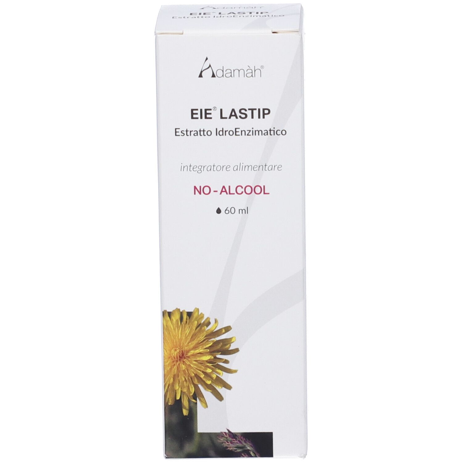 Confezione bianca con fiore giallo. Scritta: EIE LASTIP, NO-ALCOOL, 60 ml. Marchio: Adamah.