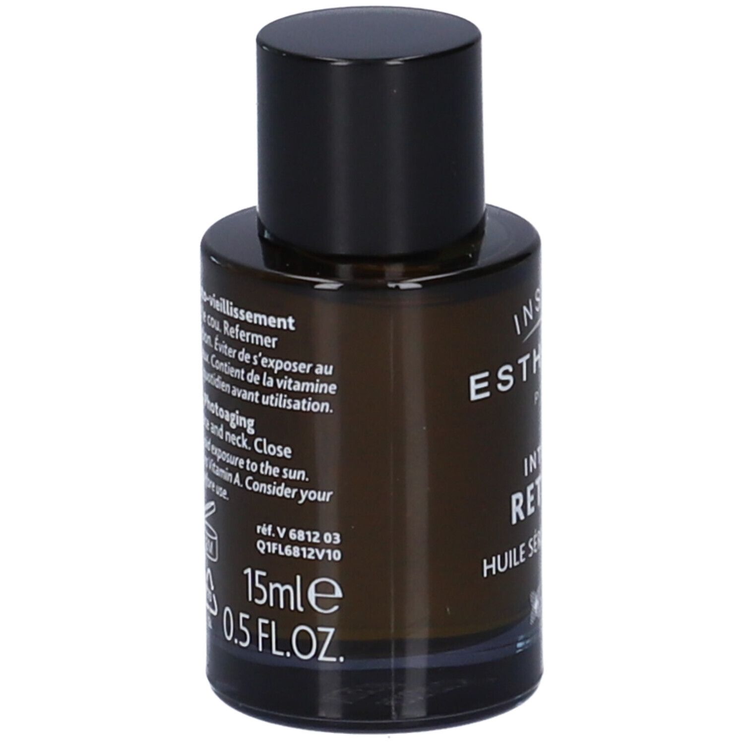 Flacone di vetro marrone con tappo nero. Scritte e testo sul retro. 15ml, 0.5 FL.OZ.