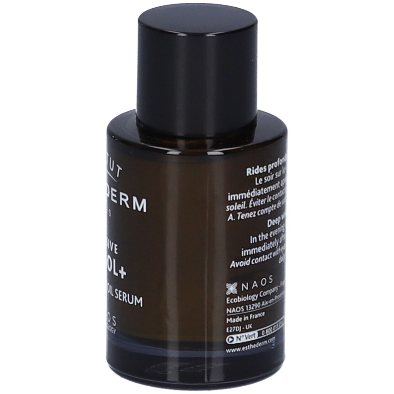 Flacone di vetro marrone con tappo nero. Scritta: Institut Esthederm Paris, Intensive Retinol+ Huile Sérum/Oil Serum.