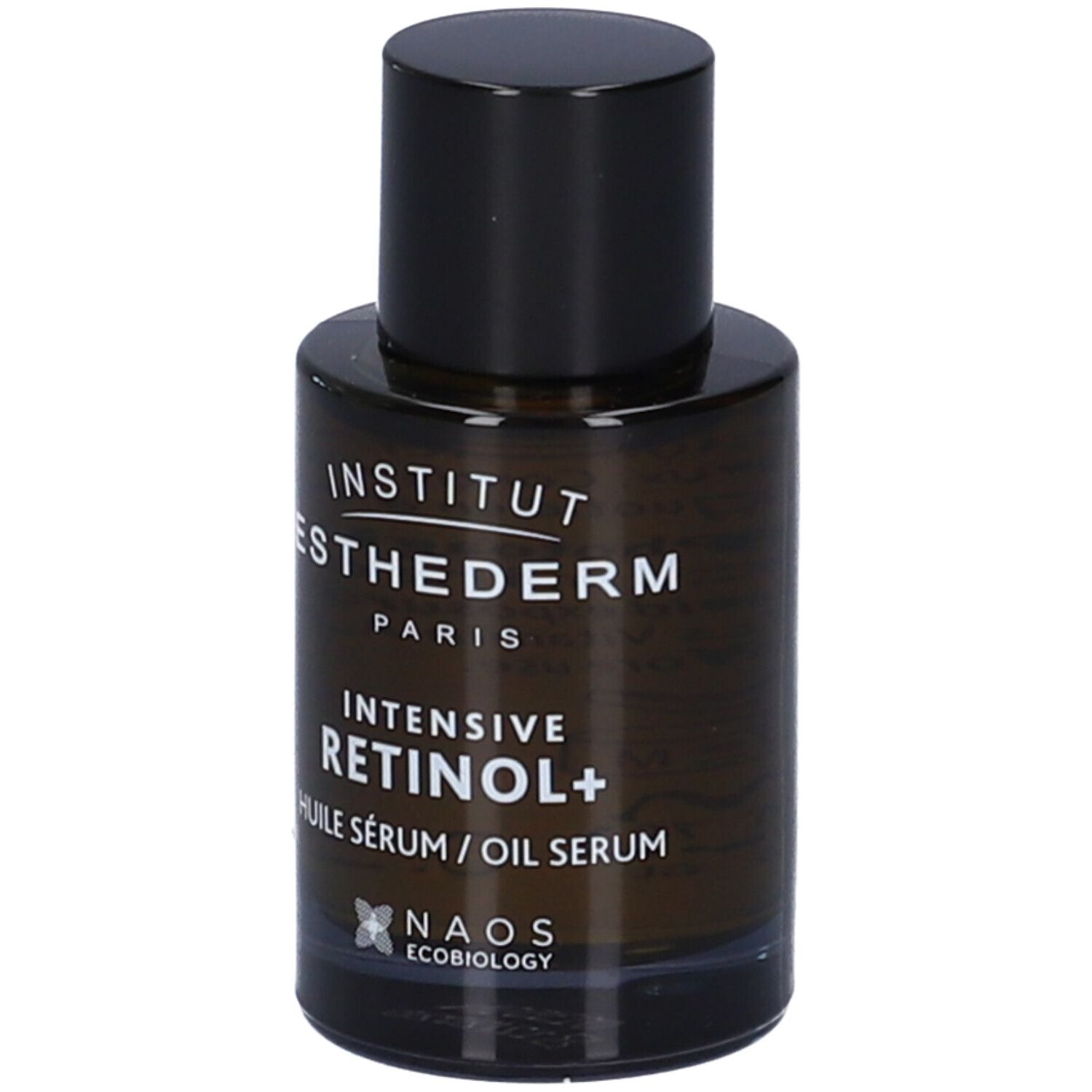 Flacone di vetro marrone con tappo nero. Scritta: Institut Esthederm Paris, Intensive Retinol+ Huile Sérum/Oil Serum.
