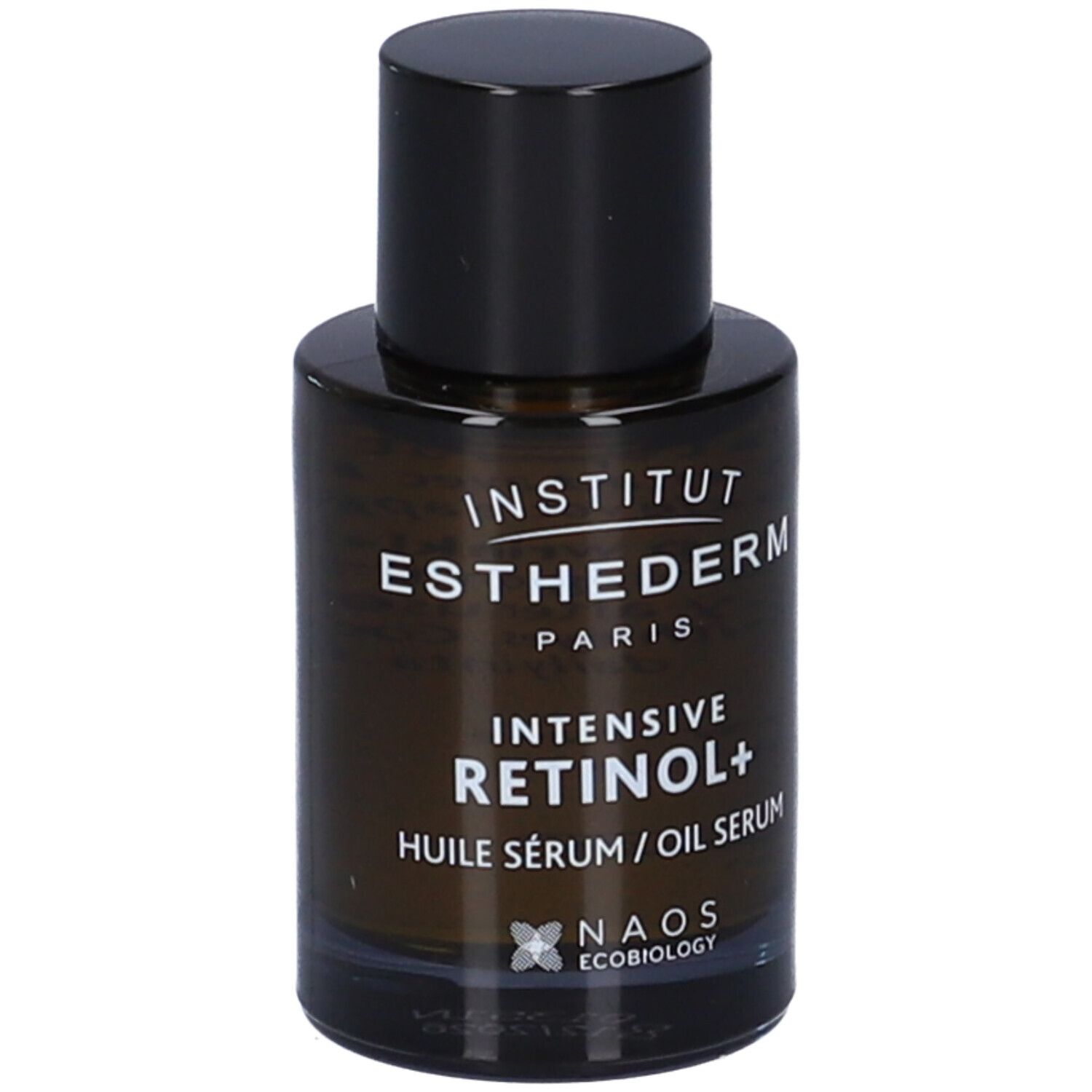Flacone di vetro marrone con tappo nero. Scritta: Institut Esthederm Paris, Intensive Retinol+ Huile Sérum/Oil Serum.