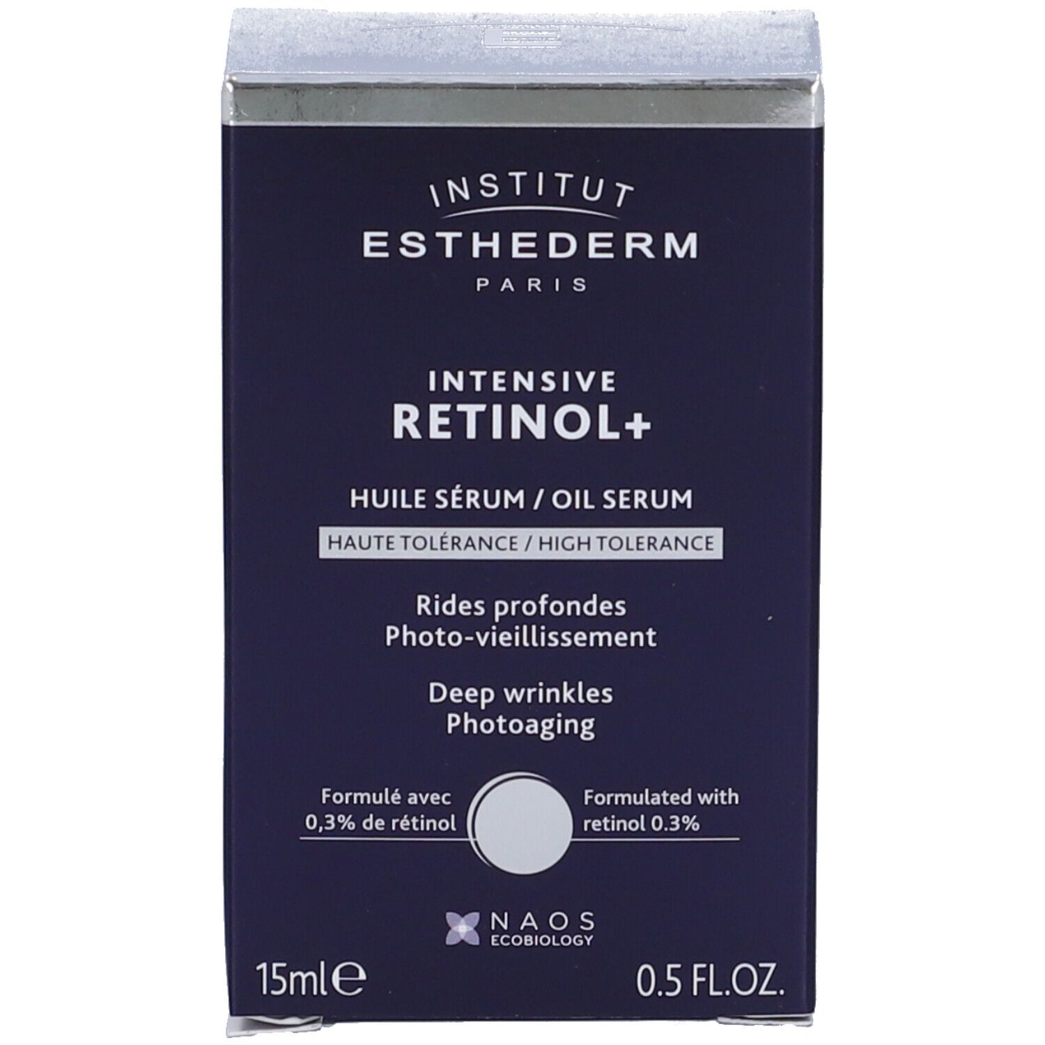 Confezione del prodotto. Scritta: Institut Esthederm Paris, Intensive Retinol+ Huile Sérum/Oil Serum. 15ml, 0.5 FL.OZ.