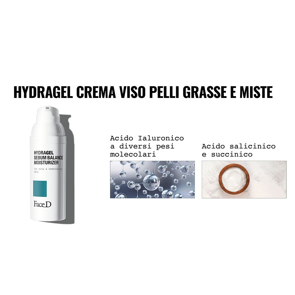 Prodotto e ingredienti. Scritta: HYDRAGEL CREMA VISO PELLI GRASSE E MISTE. Ingredienti: Acido ialuronico, acido salicilico.