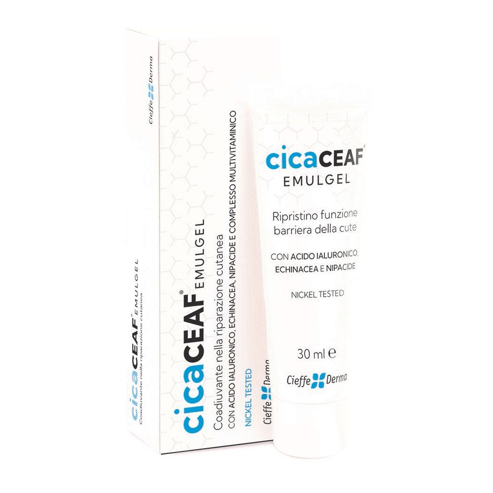 Tubo ed astuccio CicaCEAF Emulgel. Bianco, blu. Testo: CicaCEAF, Emulgel, 30 ml. Con acido ialuronico, Echinacea, Nipacide.