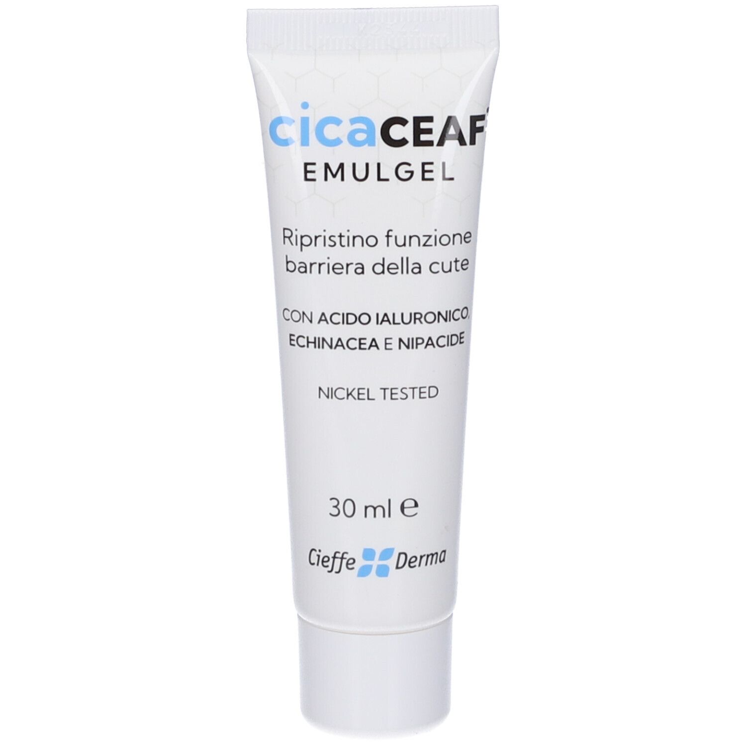 Tubo bianco CicaCEAF Emulgel. Scritta blu e bianca: CicaCEAF, Emulgel, 30 ml. Con acido ialuronico, Echinacea, Nipacide.