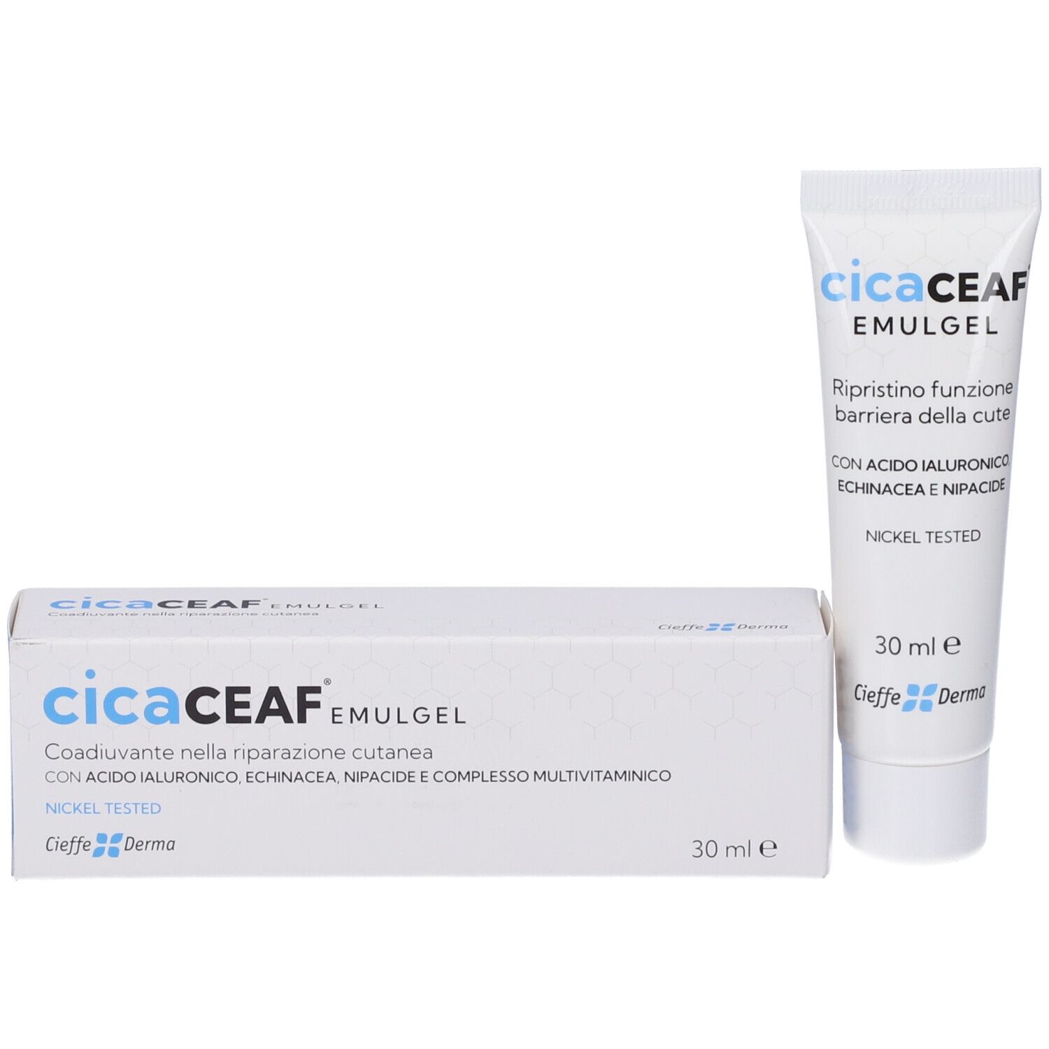 Tubo e astuccio CicaCEAF Emulgel. Bianco, blu. Testo: CicaCEAF, Emulgel, 30 ml. Con acido ialuronico, Echinacea, Nipacide.