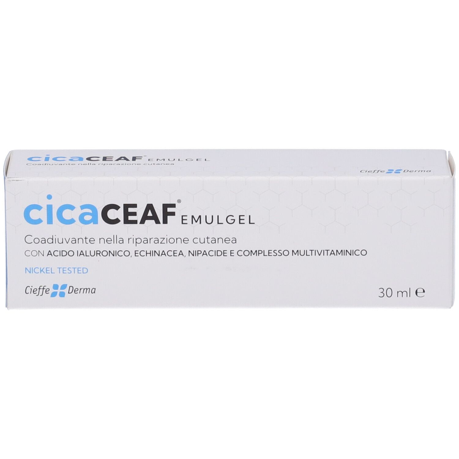 Astuccio bianco CicaCEAF Emulgel. Scritta blu e bianca: CicaCEAF, Emulgel, 30 ml. Con acido ialuronico, Echinacea, Nipacide.