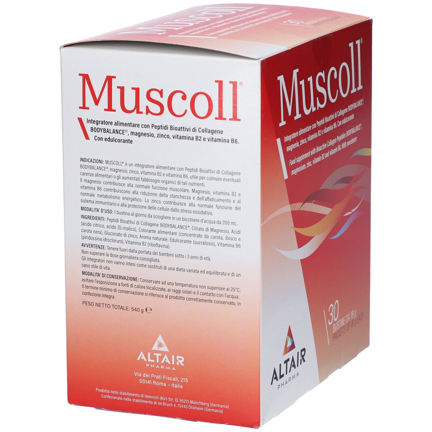 Scatola "Muscoll". Testo e informazioni. Marchio Altair Pharma. Colori rosso e bianco.