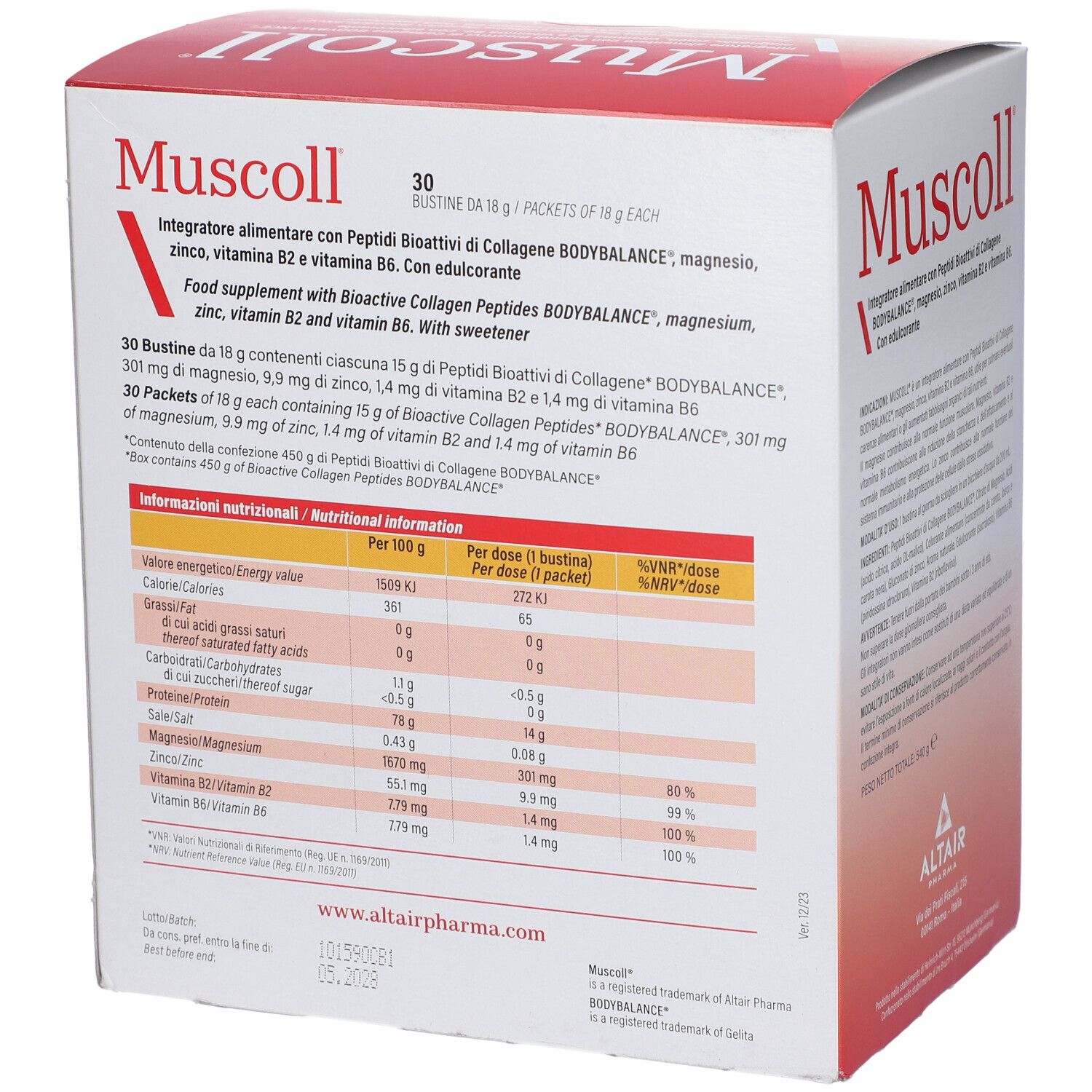 Retro della scatola "Muscoll". Informazioni nutrizionali e ingredienti. Marchio Altair Pharma.