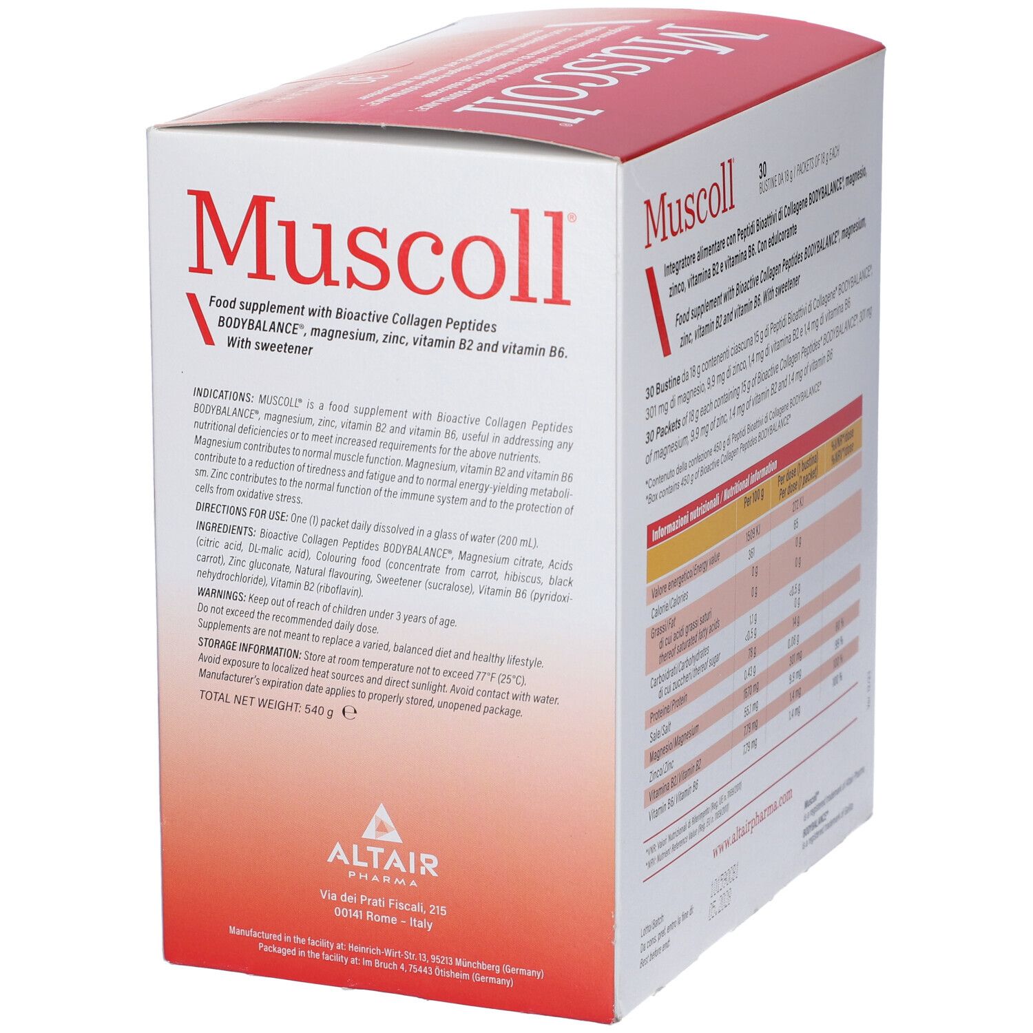Scatola "Muscoll" con testo e informazioni nutrizionali. Marchio Altair Pharma.