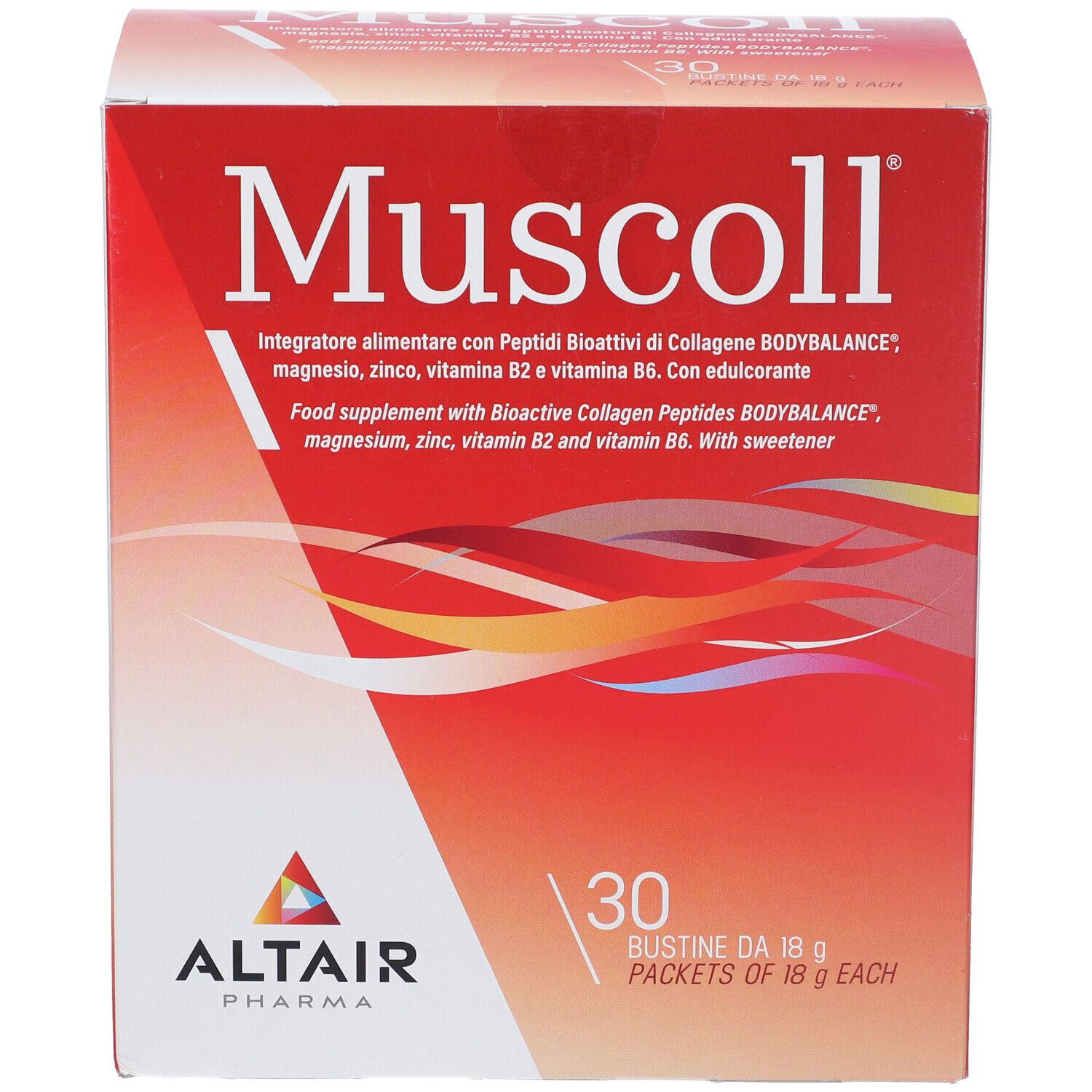 Scatola "Muscoll" con 30 bustine. Marchio Altair Pharma. Colori rosso e bianco.
