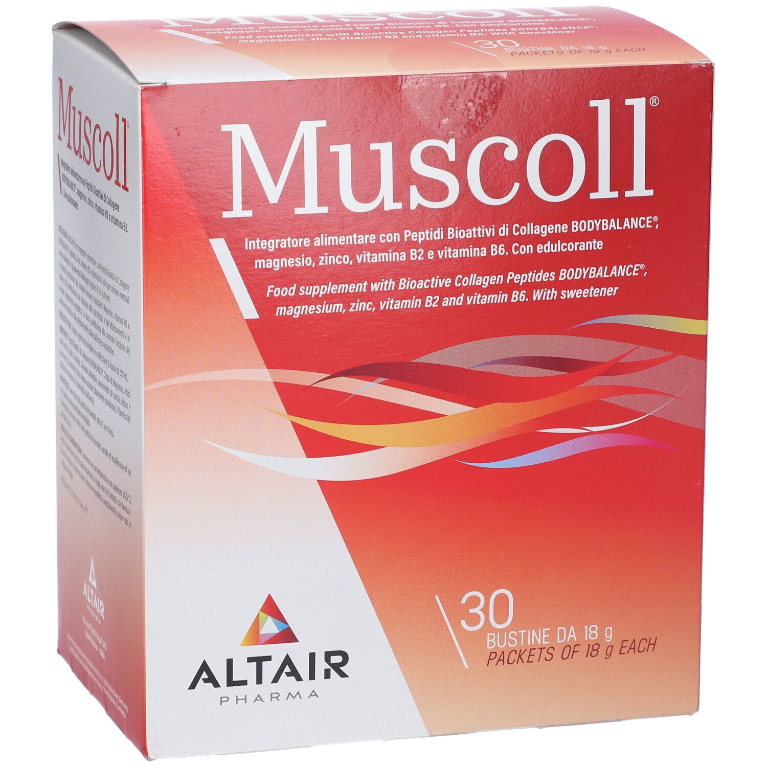 Scatola "Muscoll" con 30 bustine. Marchio Altair Pharma. Colori rosso e bianco.