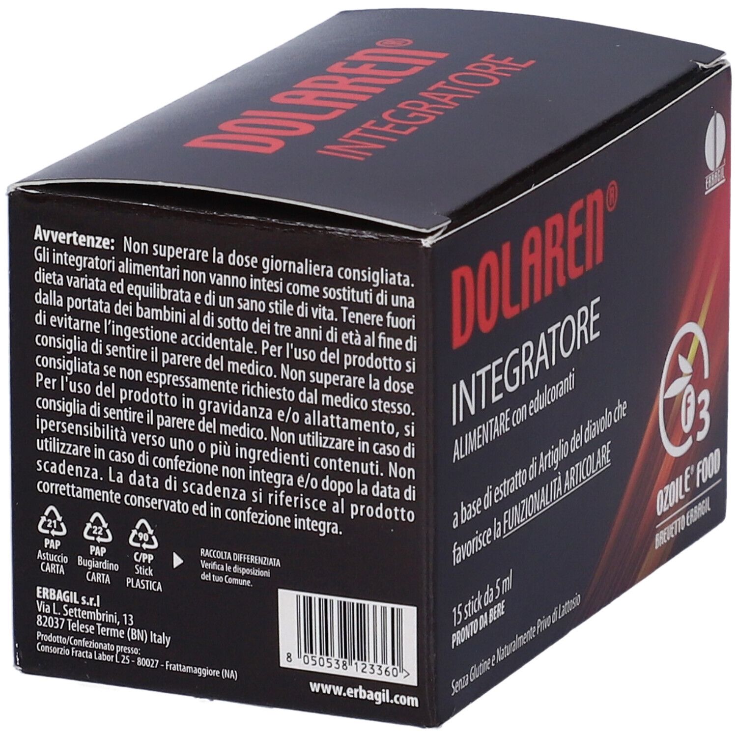 Retro della scatola Dolaren Integratore. Confezione nera con testo rosso. Testo su ingredienti e avvertenze.