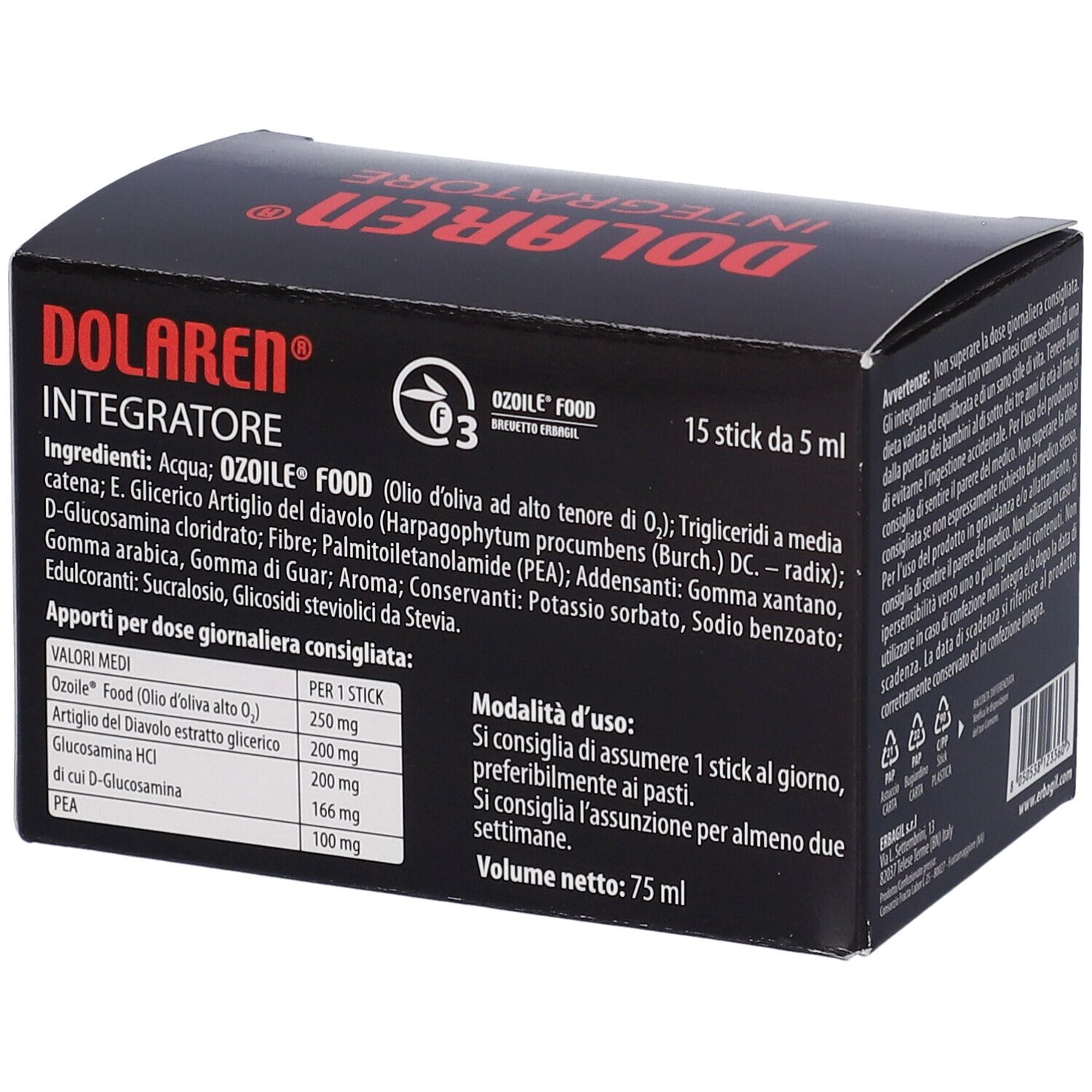 Scatola Dolaren Integratore. Confezione nera con testo rosso. Contiene 15 stick. Lista ingredienti e dosaggio.