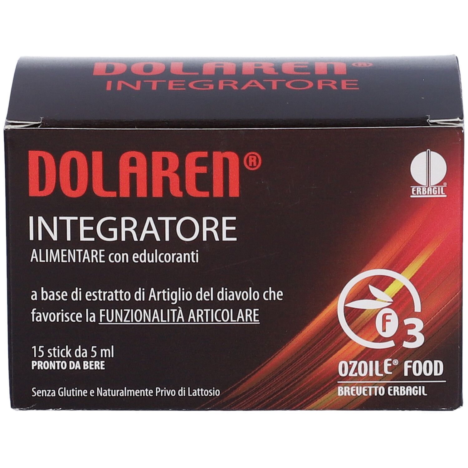 Scatola Dolaren Integratore. Confezione nera con testo rosso. Contiene 15 stick. Logo Ozoile Food.