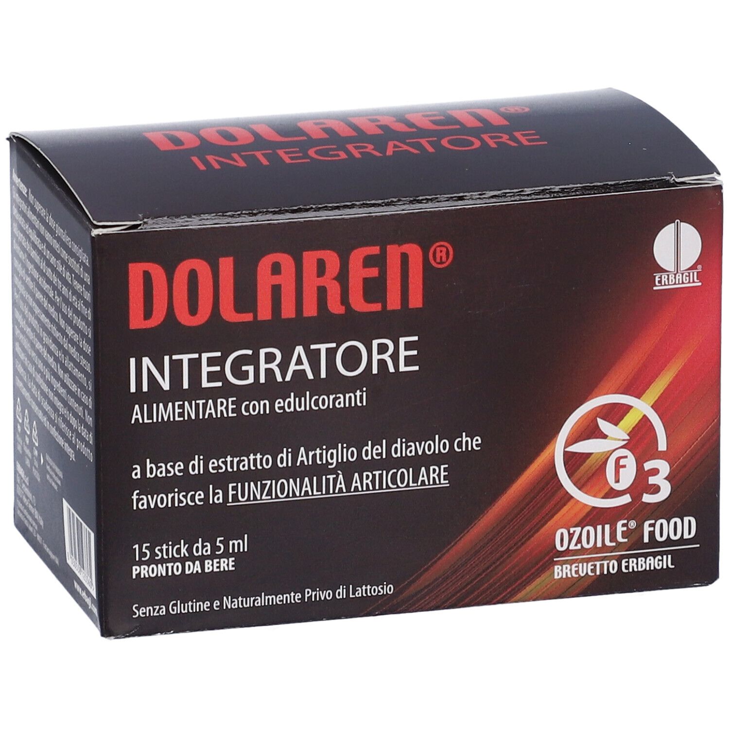 Scatola Dolaren Integratore. Confezione nera con testo rosso. Contiene 15 stick. Logo Ozoile Food.