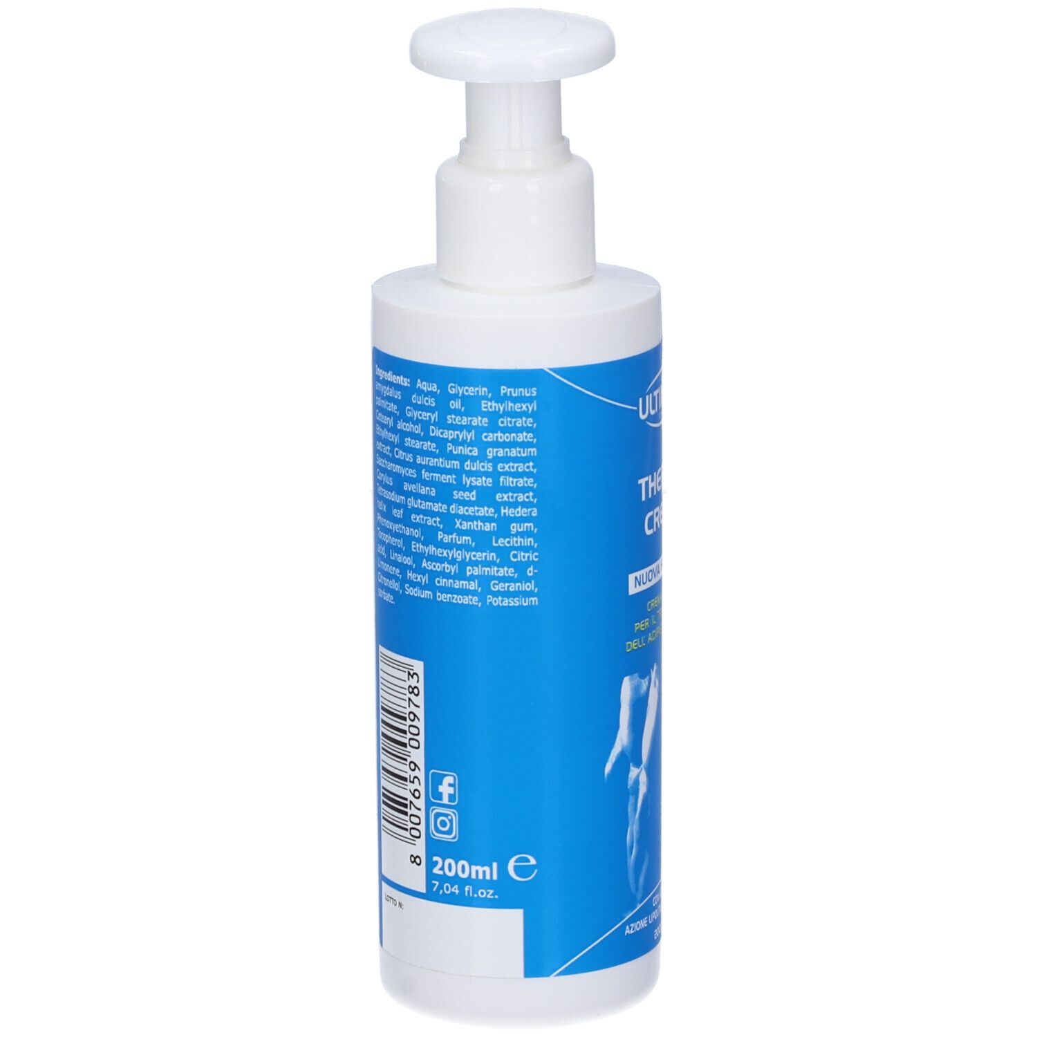 Retro del flacone bianco con etichetta blu. Contiene ingredienti e codice a barre. Con dosatore a pompa.