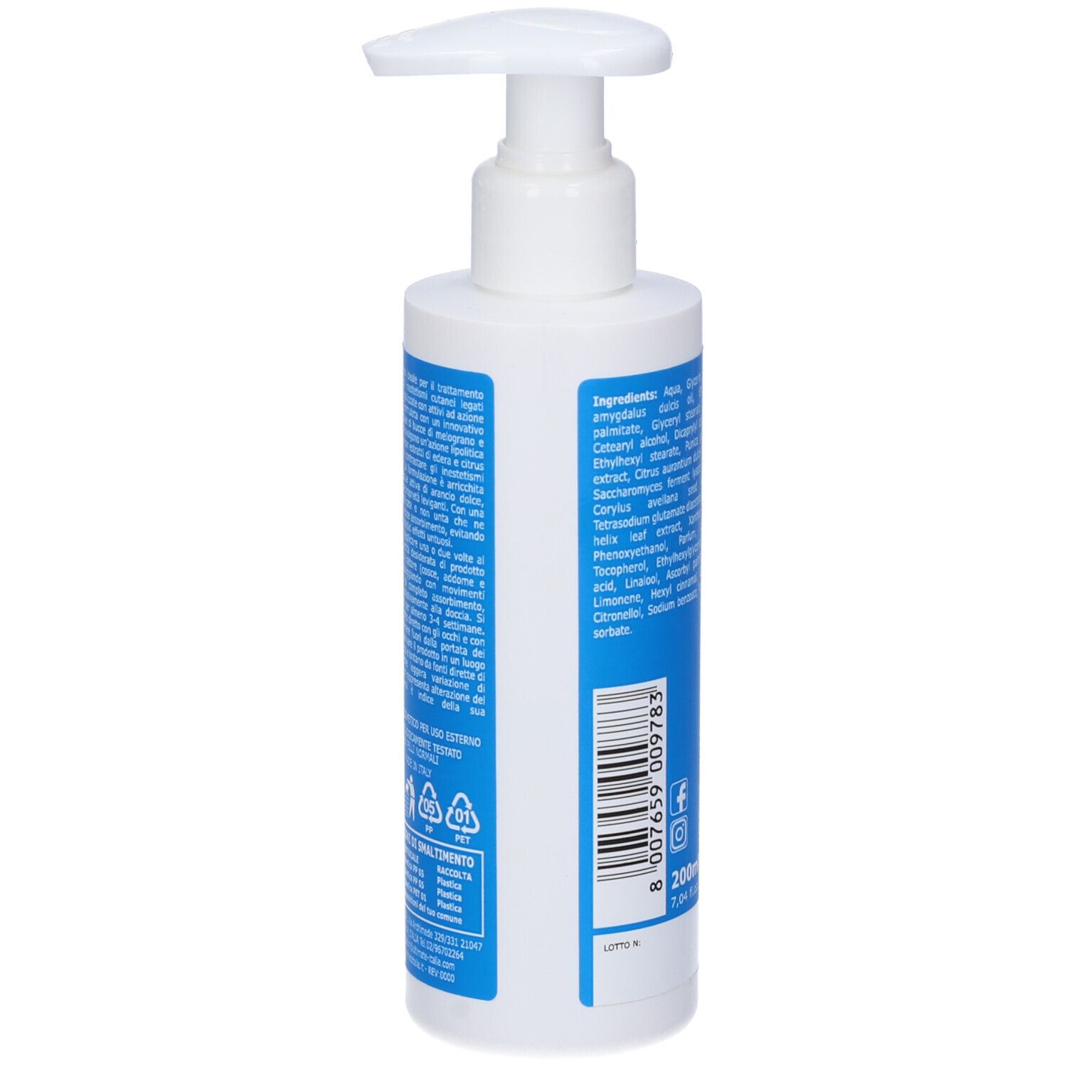 Retro del flacone bianco con etichetta blu. Contiene ingredienti e codice a barre. Con dosatore a pompa.