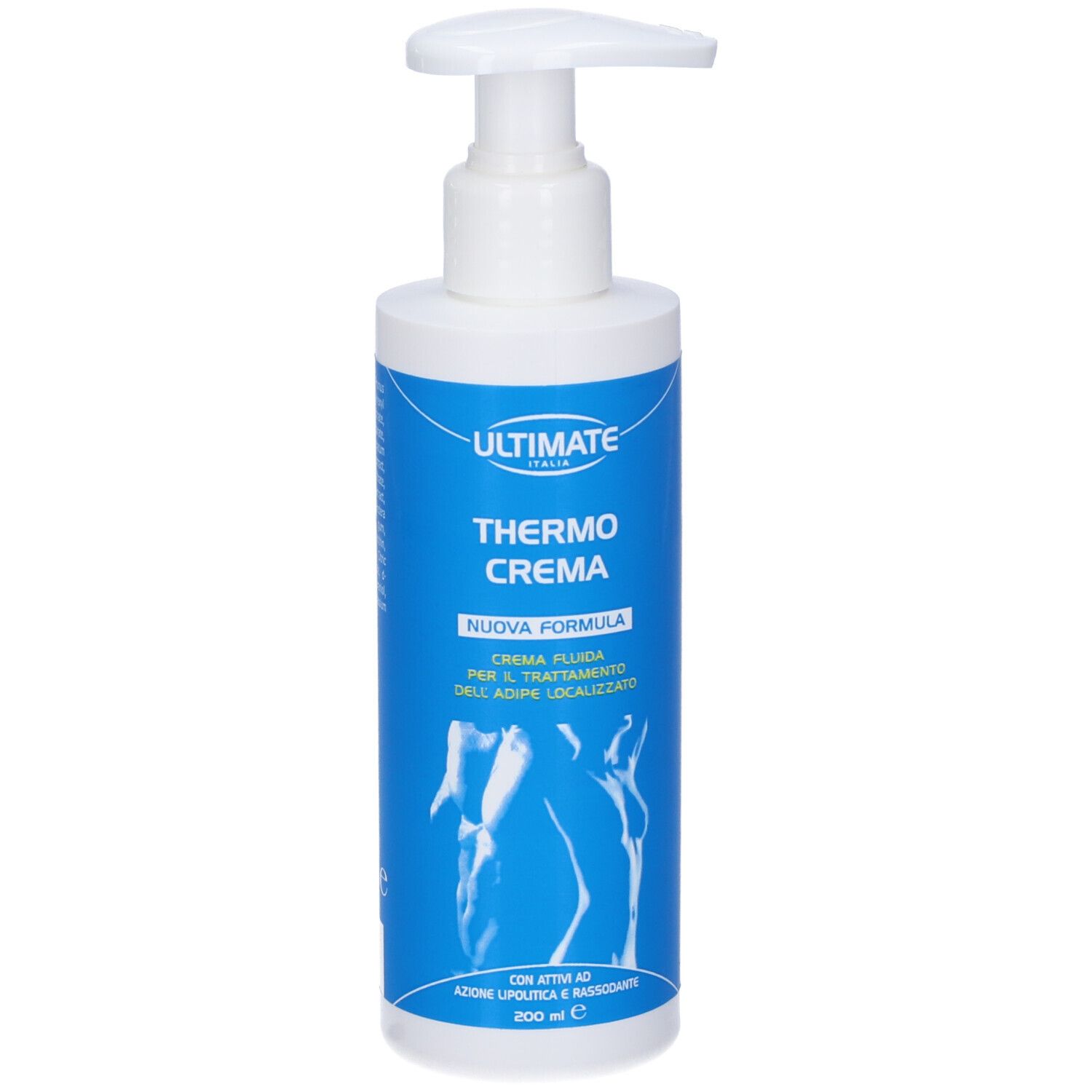 Flacone bianco con etichetta blu. Scritta: Ultimate Thermo Crema. Con dosatore a pompa.
