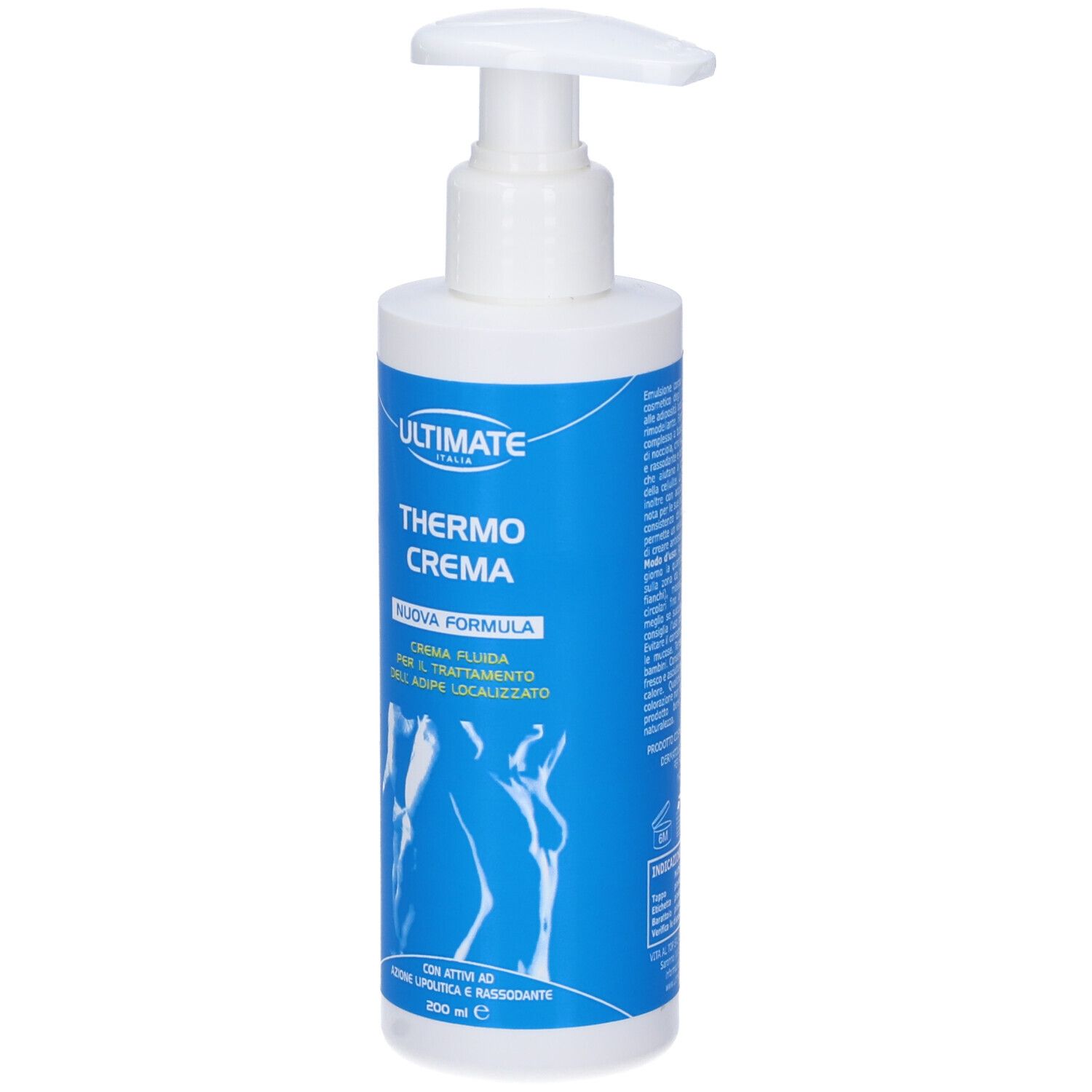 Flacone bianco con etichetta blu. Scritta: Ultimate Thermo Crema. Con dosatore a pompa.