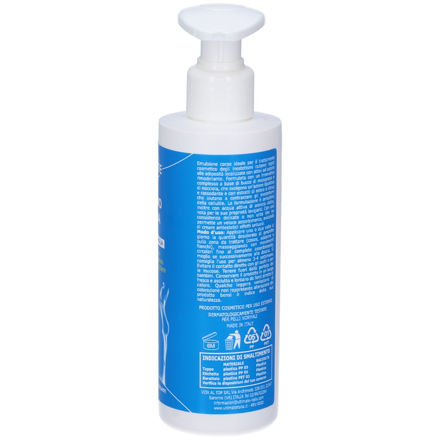Retro del flacone bianco con etichetta blu. Contiene testo e simboli. Con dosatore a pompa.