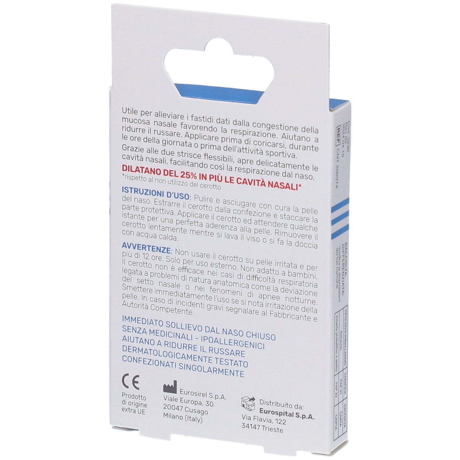 Retro della confezione di cerotti nasali. Testo e istruzioni in italiano. Marchio CE.