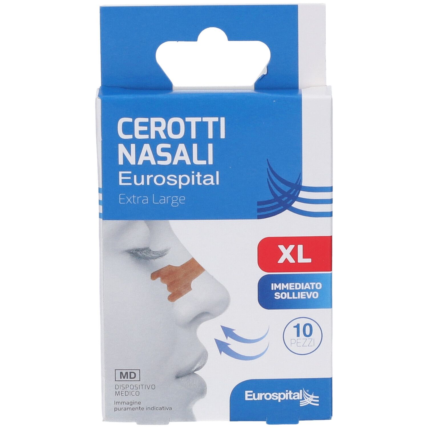 Confezione di cerotti nasali. Scritta: Cerotti Nasali Eurospital Extra Large. XL, 10 pezzi. Illustrazione di cerotto nasale.