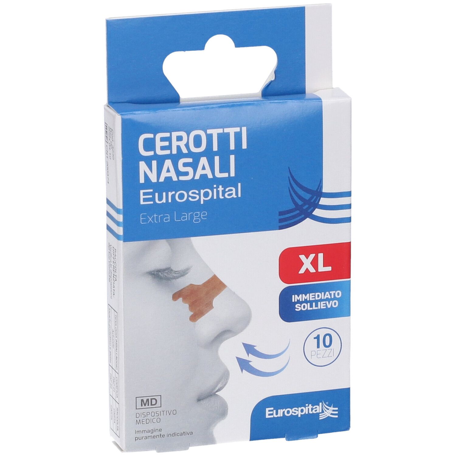 Confezione di cerotti nasali. Scritta: Cerotti Nasali Eurospital Extra Large. XL, 10 pezzi. Illustrazione di cerotto nasale.