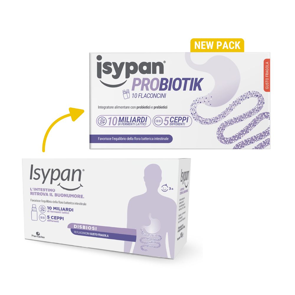 Due scatole Isypan Probiotik. Sopra: 10 flaconcini. Sotto: 10 miliardi, 5 ceppi. Testo: L'intestino ritrova il buonumore.