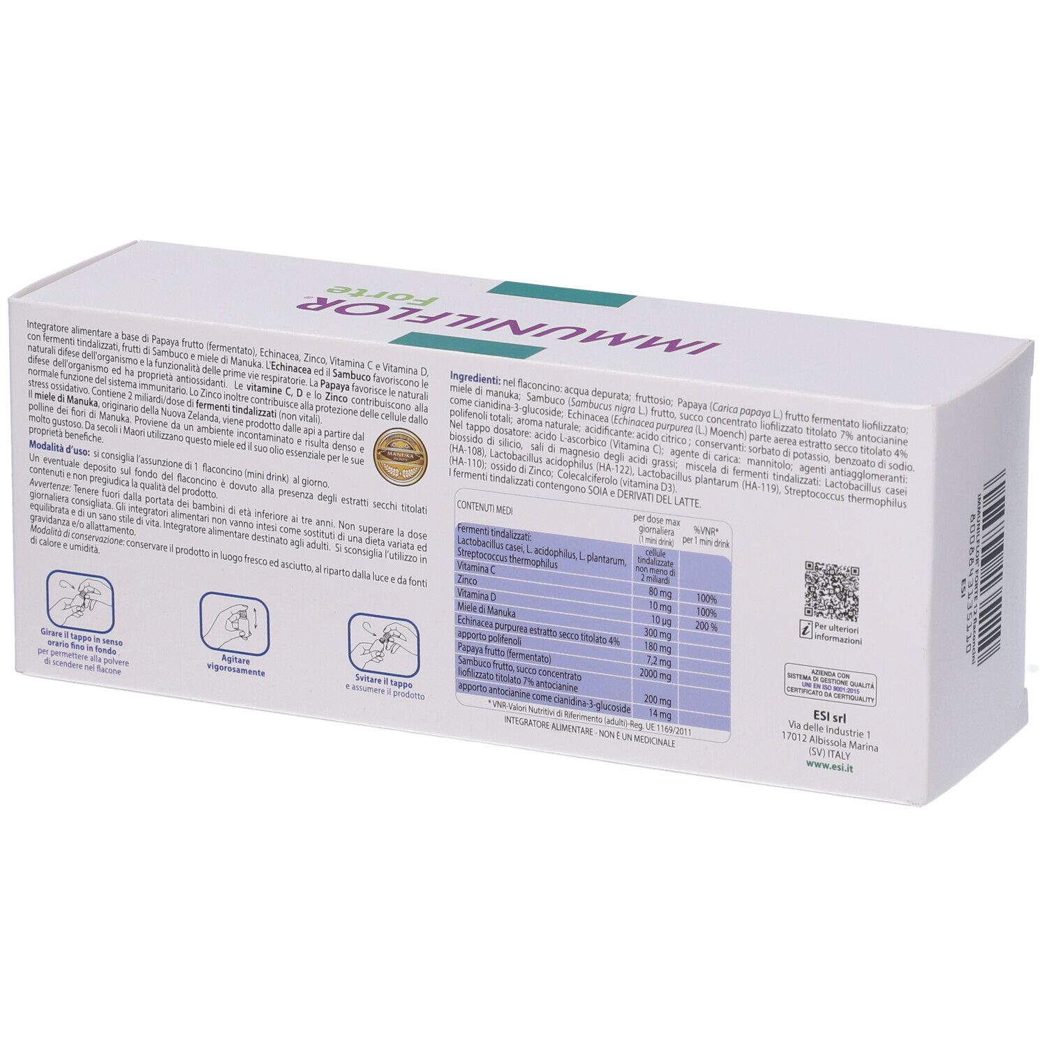 Retro della confezione ESI Immunilflor Forte. Ingredienti, tabella nutrizionale e istruzioni per l'uso.